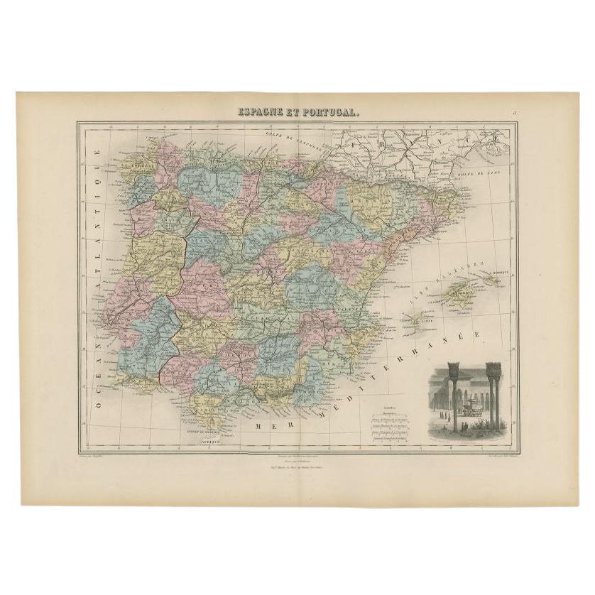 Antique Map of Spain and Portugal by Migeon, 1880 For Sale