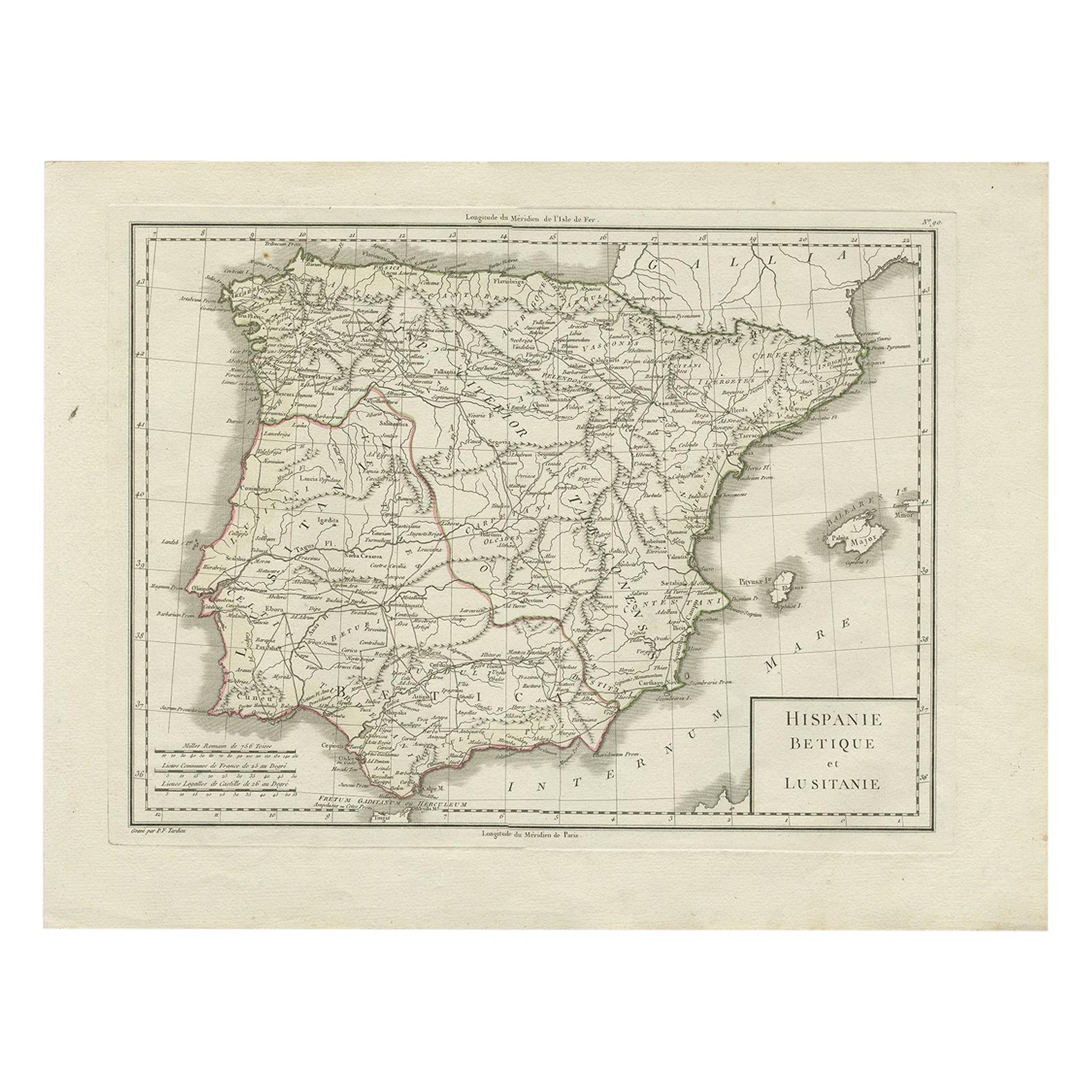 Antique Map of Spain and Portugal by Tardieu, circa 1795 For Sale