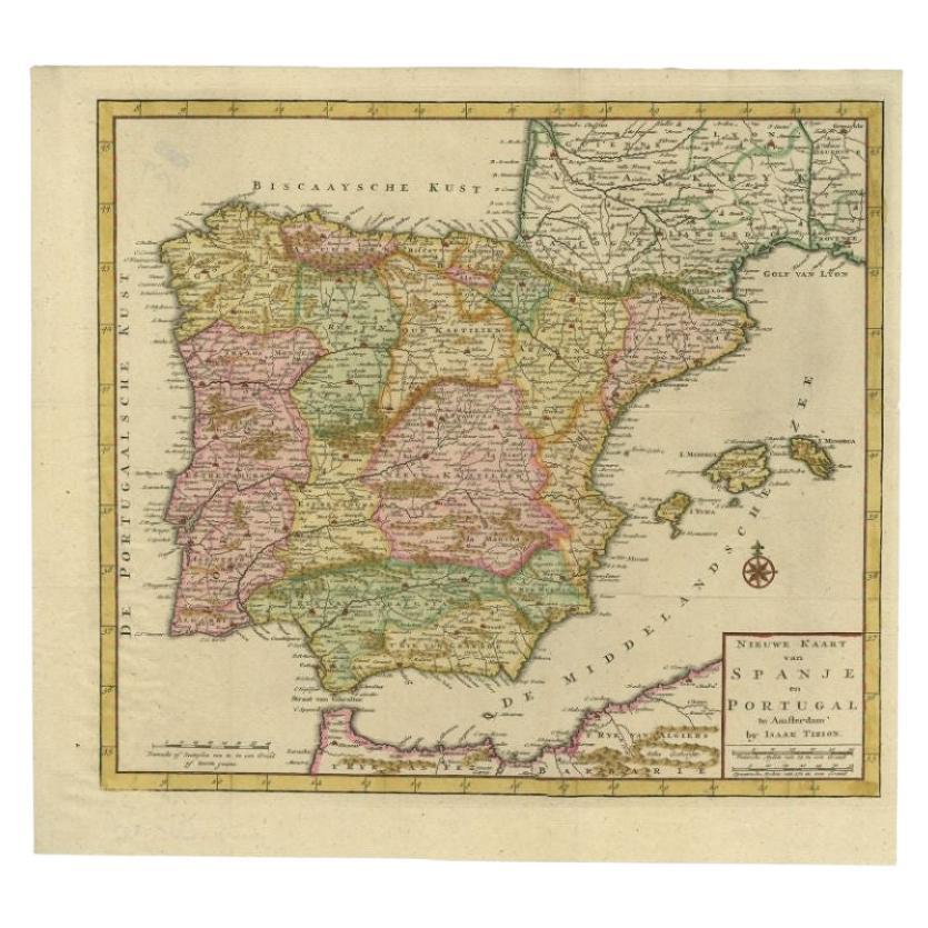 Antique Map of Spain and Portugal by Tirion, c.1760 For Sale