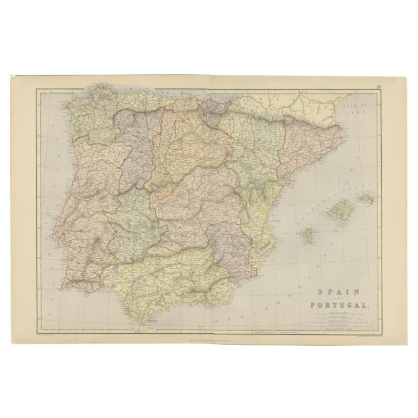 Antique Map of Spain and Portugal by Weller, c.1890 For Sale