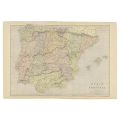 Antique Map of Spain and Portugal by Weller, c.1890