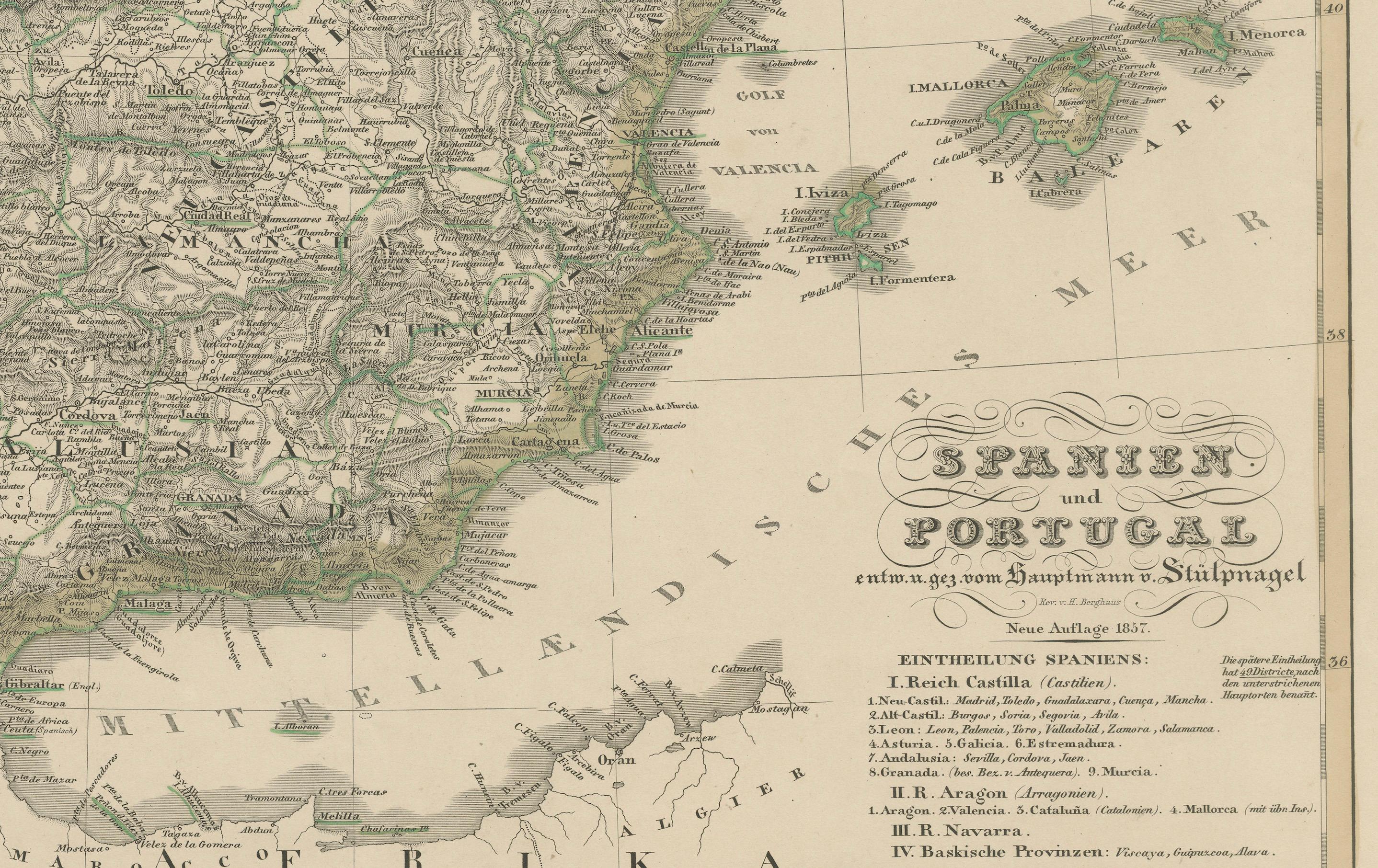 Carte ancienne de l'Espagne et du Portugal - Gravure coloriée à la main par Stülpnagel, 1857 en vente 3