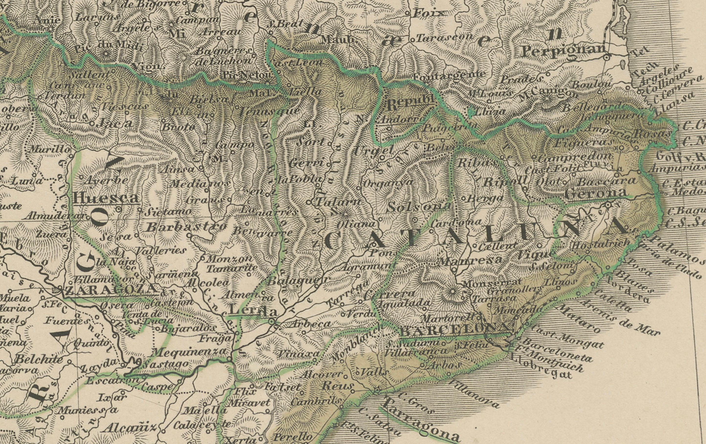 Allemand Carte ancienne de l'Espagne et du Portugal - Gravure coloriée à la main par Stülpnagel, 1857 en vente