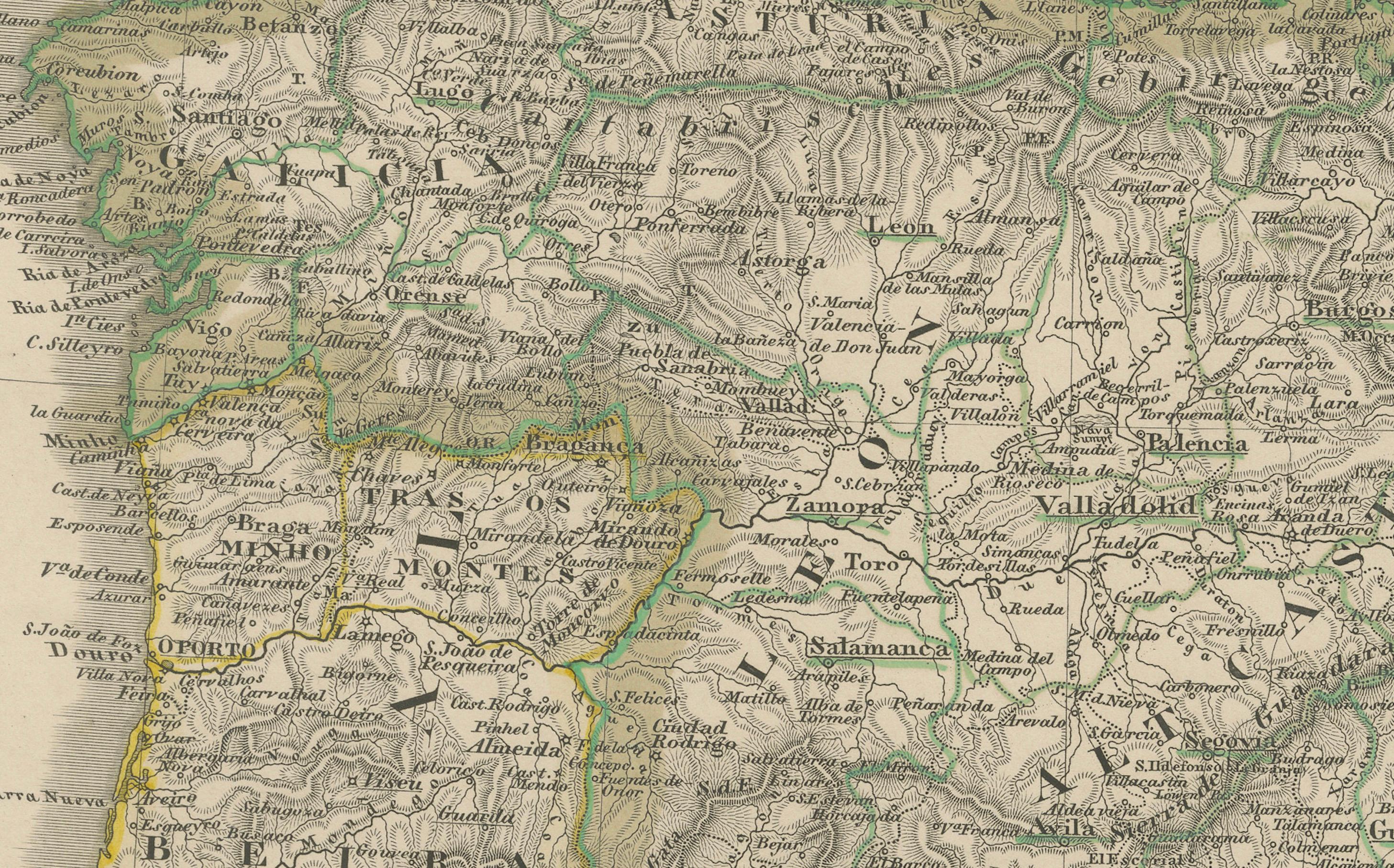 Carte ancienne de l'Espagne et du Portugal - Gravure coloriée à la main par Stülpnagel, 1857 Bon état - En vente à Langweer, NL