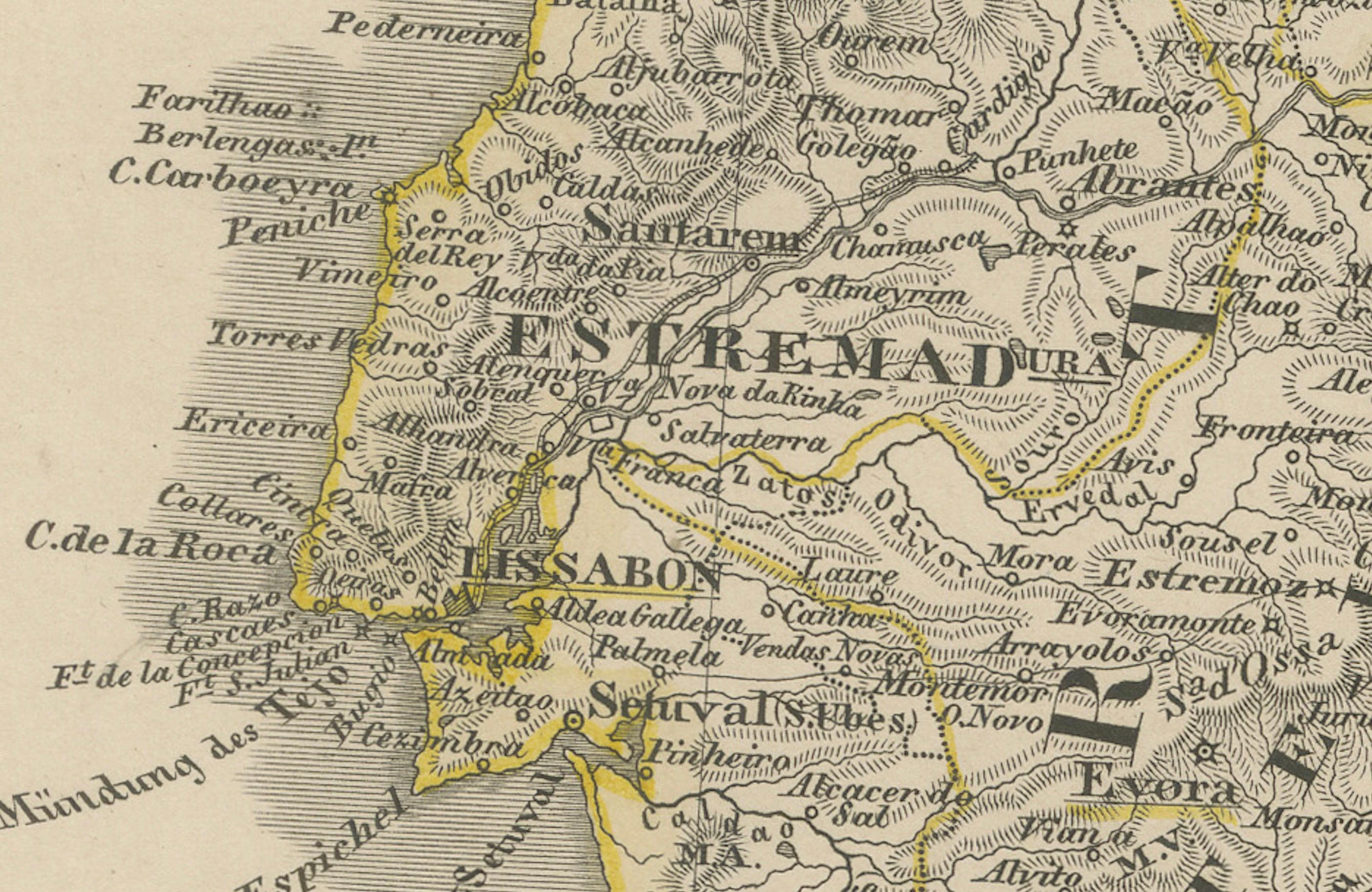 XIXe siècle Carte ancienne de l'Espagne et du Portugal - Gravure coloriée à la main par Stülpnagel, 1857 en vente