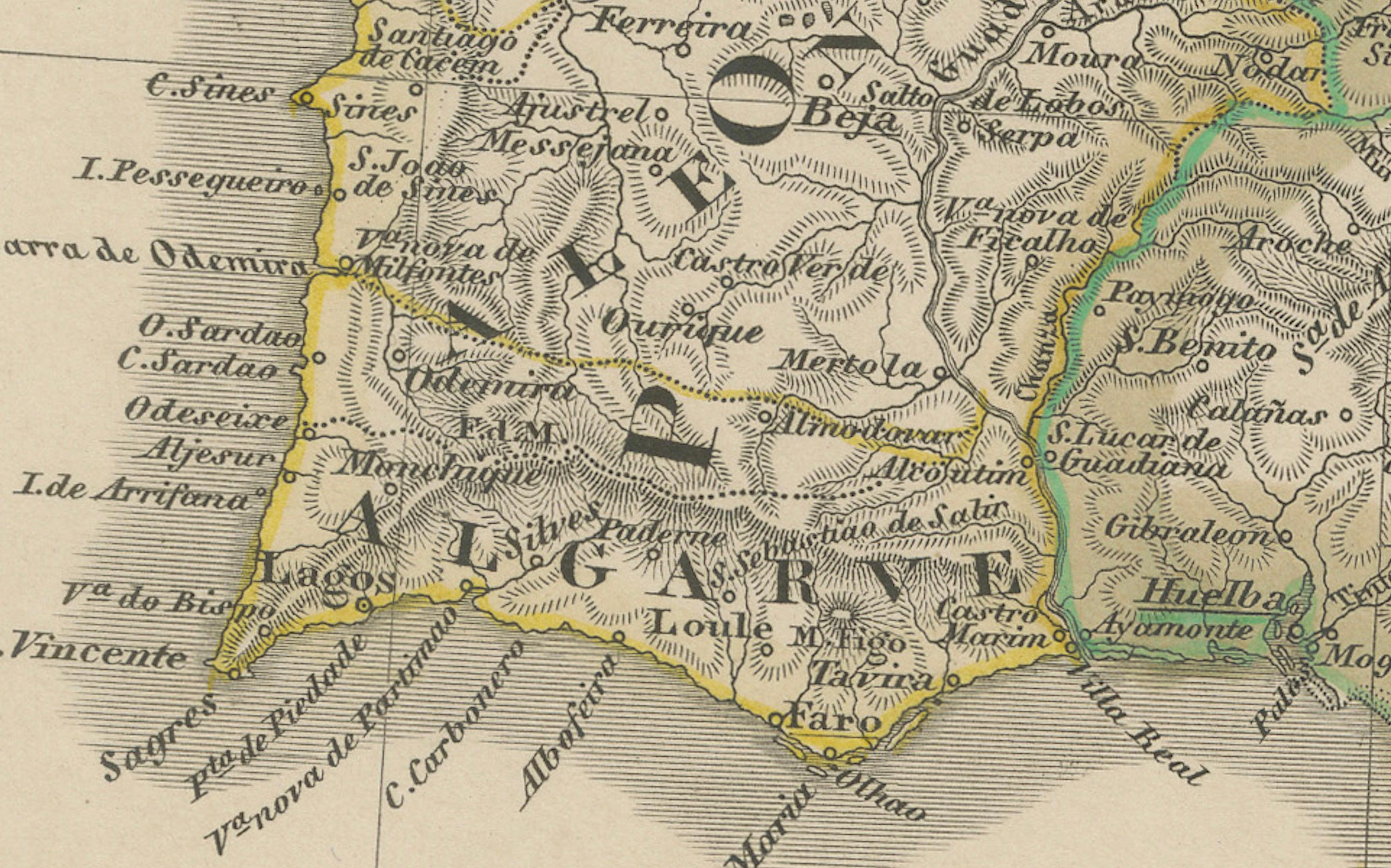Papier Carte ancienne de l'Espagne et du Portugal - Gravure coloriée à la main par Stülpnagel, 1857 en vente