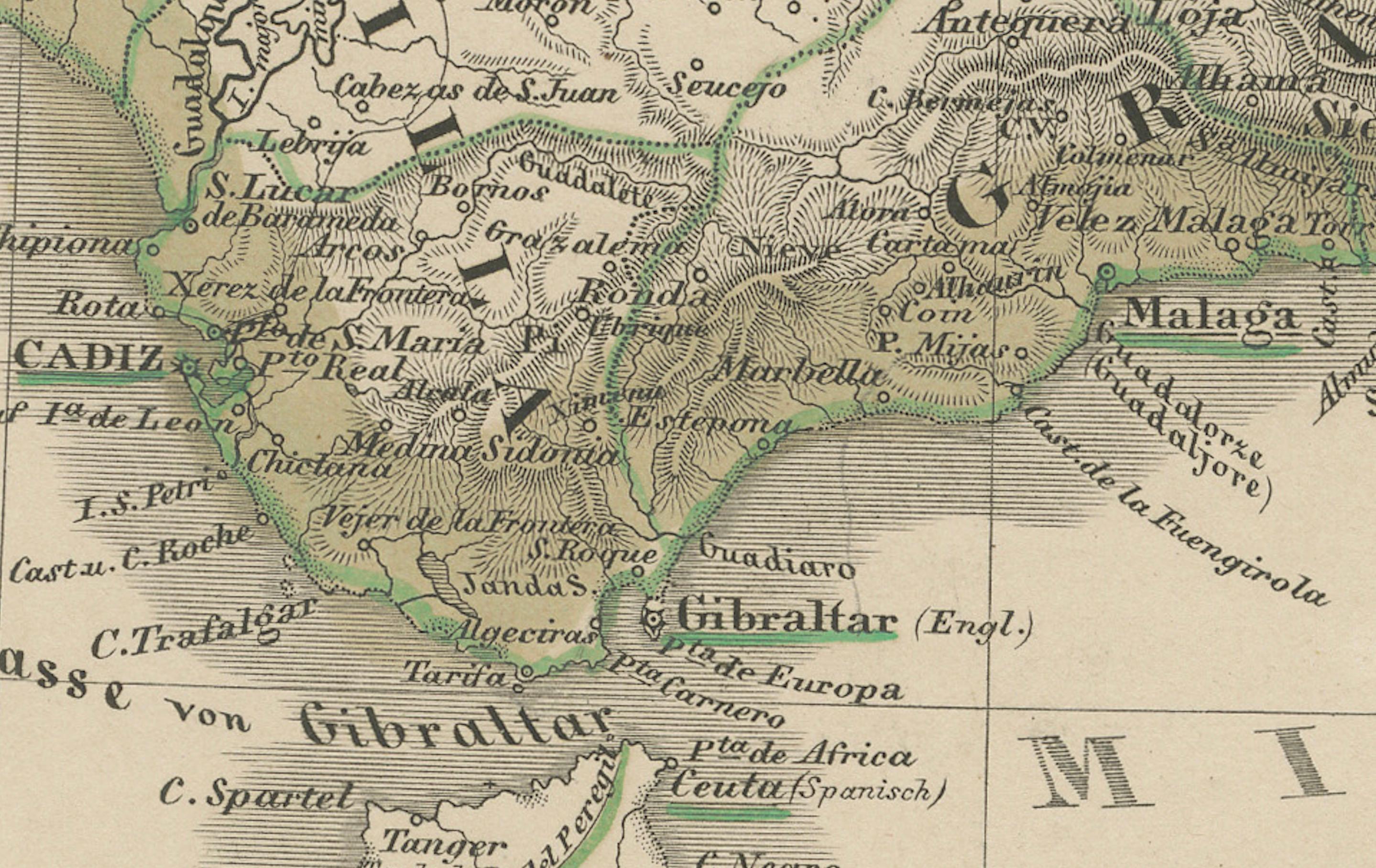 Carte ancienne de l'Espagne et du Portugal - Gravure coloriée à la main par Stülpnagel, 1857 en vente 1