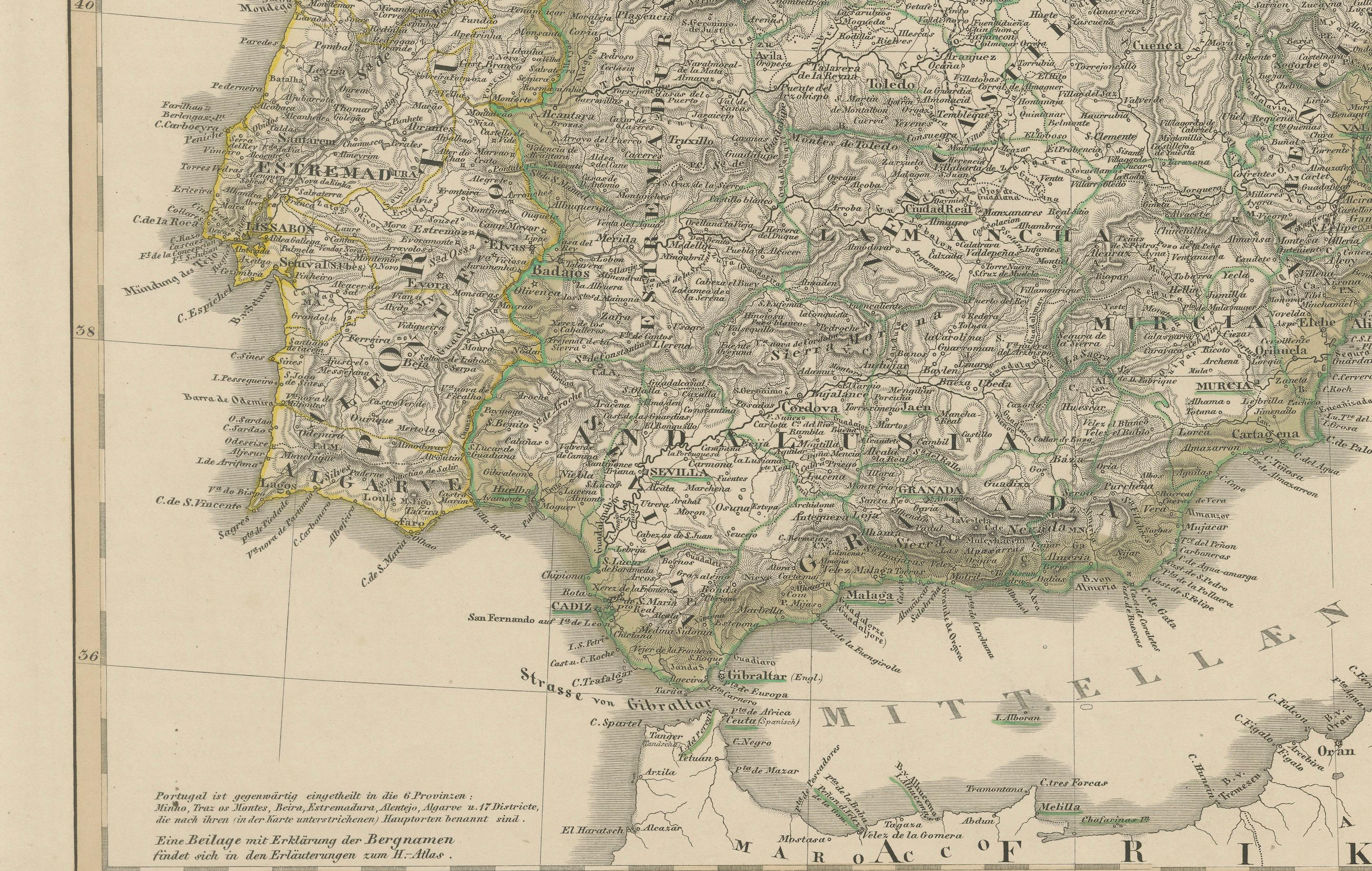 Carte ancienne de l'Espagne et du Portugal - Gravure coloriée à la main par Stülpnagel, 1857 en vente 2
