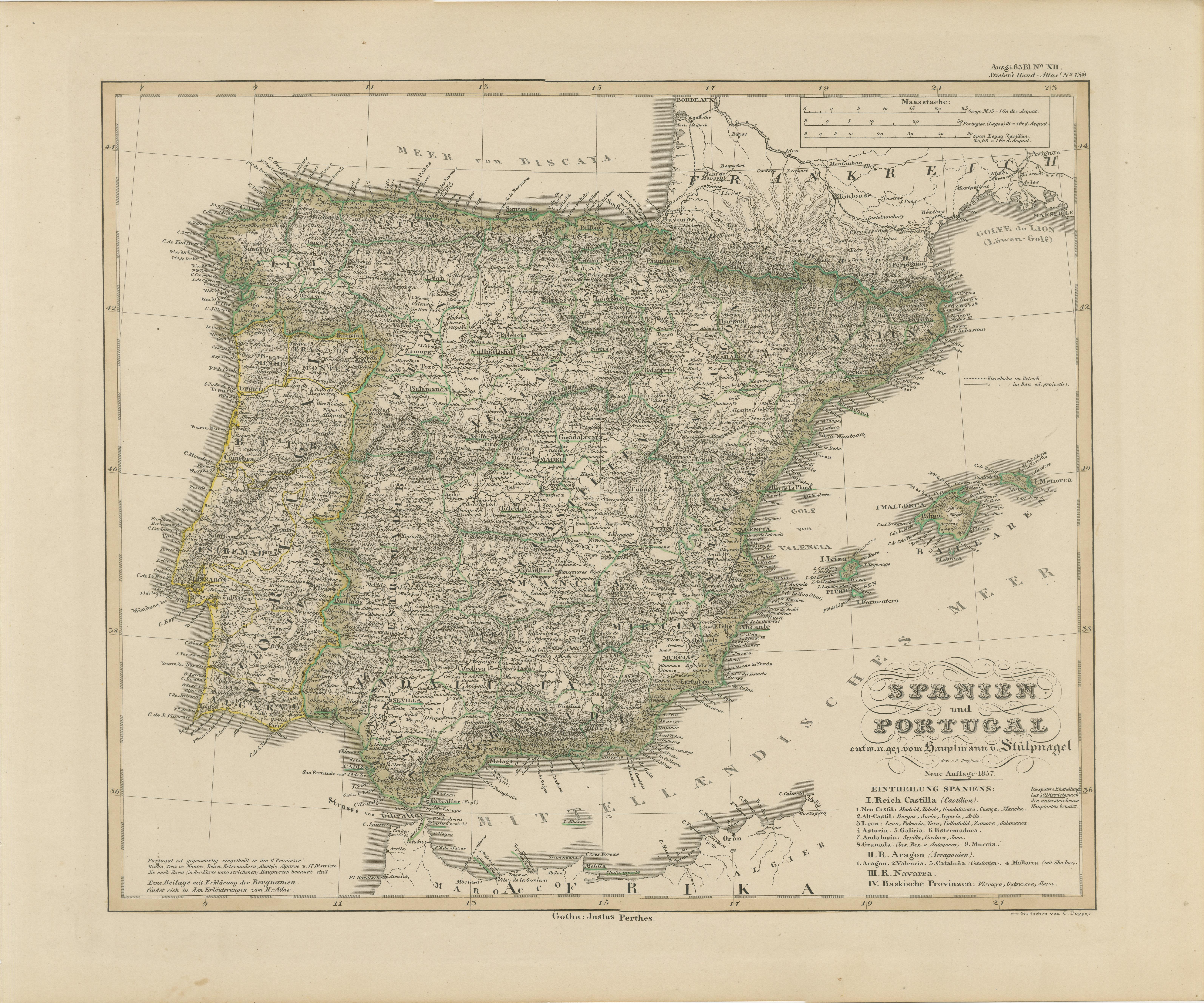Carte ancienne de l'Espagne et du Portugal - Gravure coloriée à la main par Stülpnagel, 1857 en vente