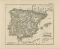 Mapa antiguo de España y Portugal - Grabado coloreado a mano por Stülpnagel, 1857