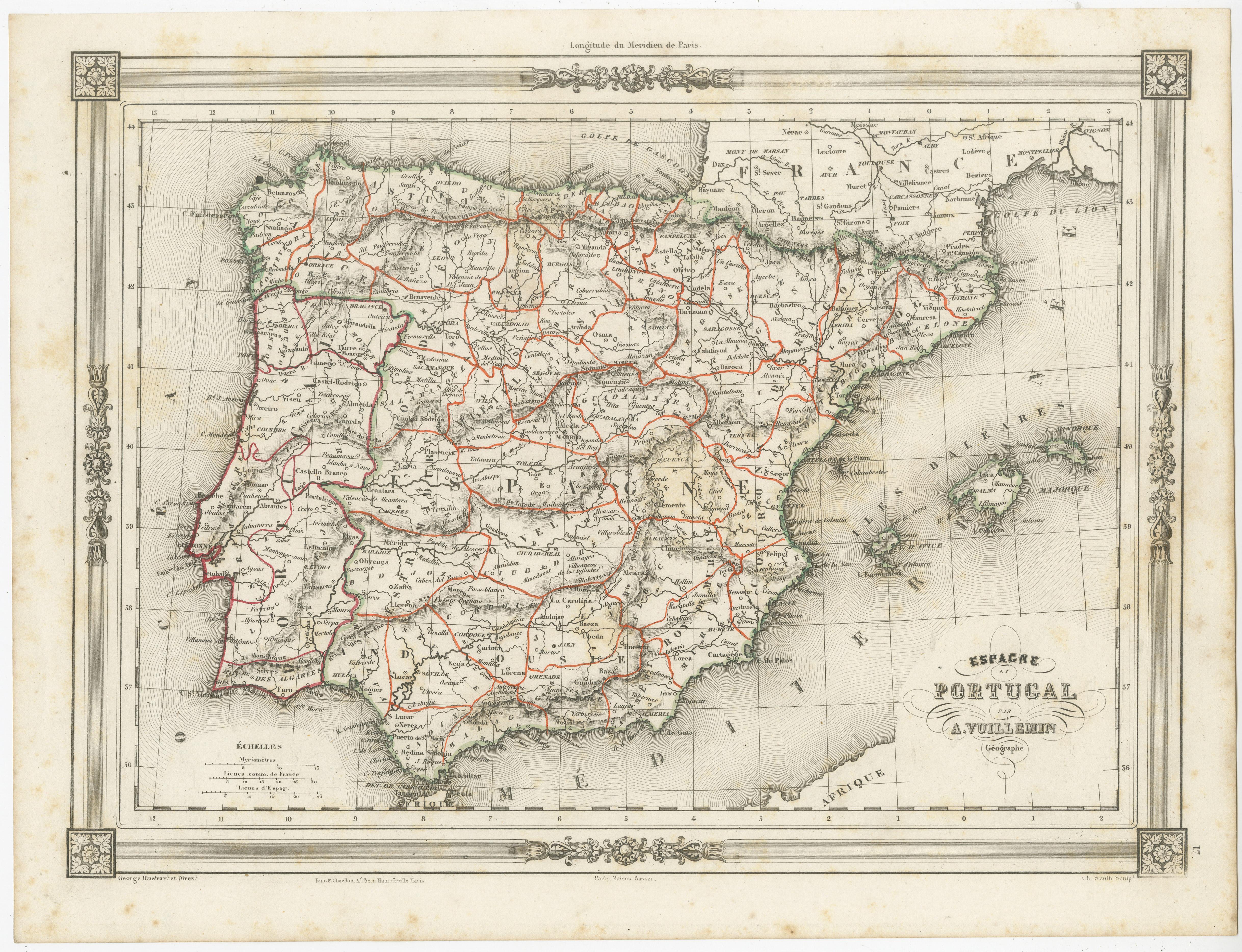 Antique map titled 'Espagne et Portugal'. Attractive map of Spain and Portugal. The map covers all of Spain and Portugal from France to the Mediterranean Sea and includes the Balearic Islands of Ibiza, Majorca, and Minorca. This map originates from
