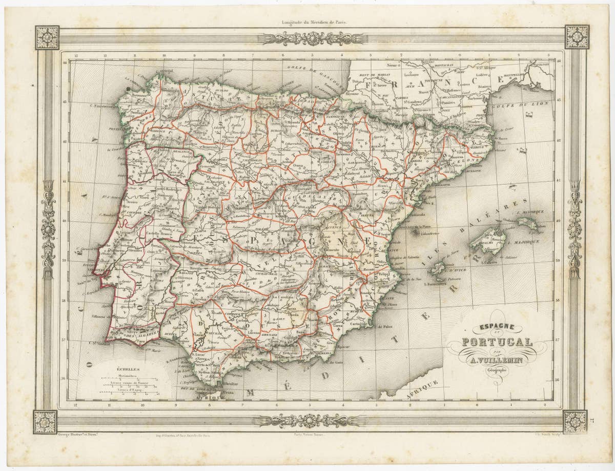 Antique Map of Spain and Portugal, with Frame Style Border