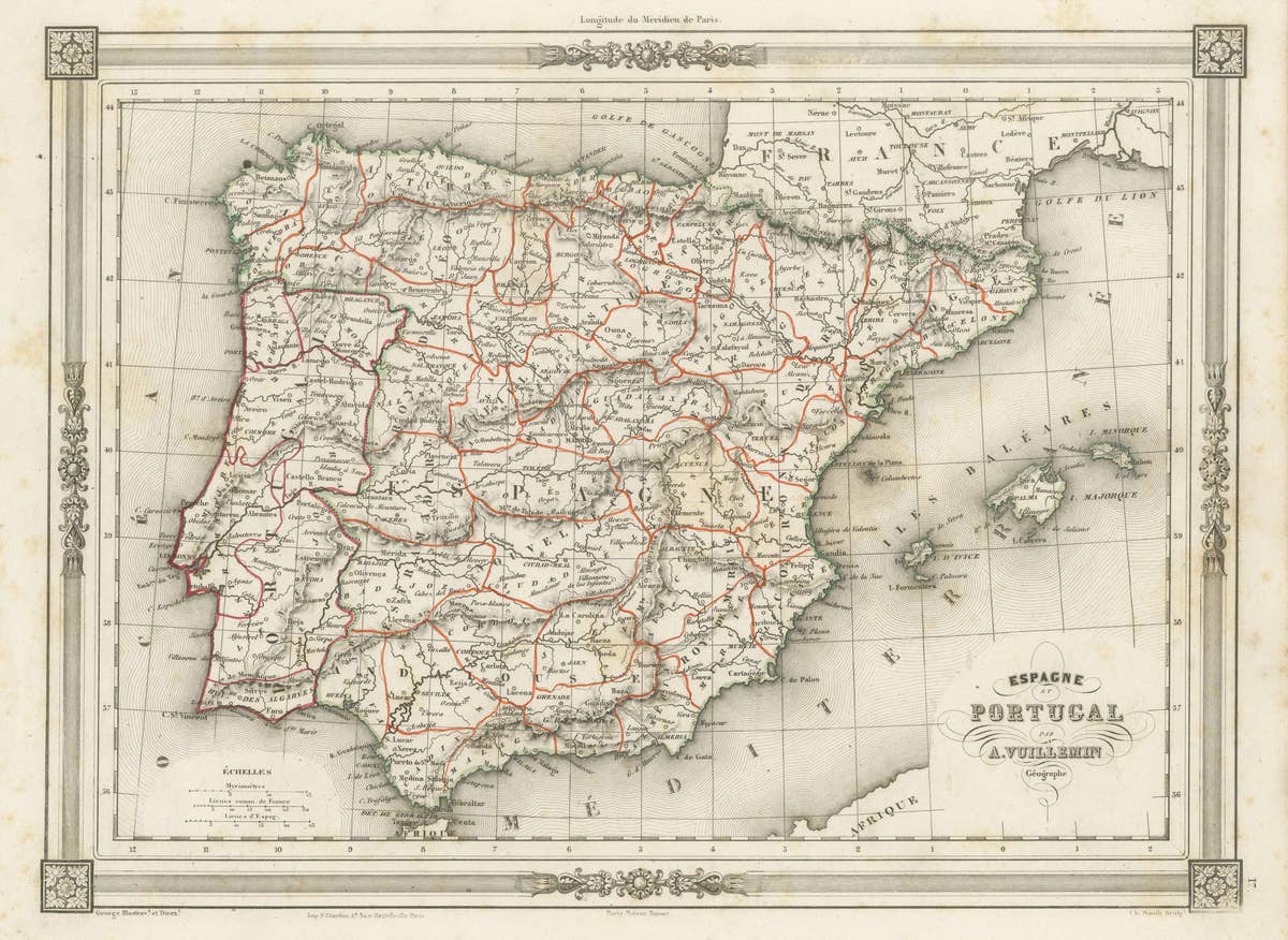 Antique Map of Spain and Portugal, with Frame Style Border