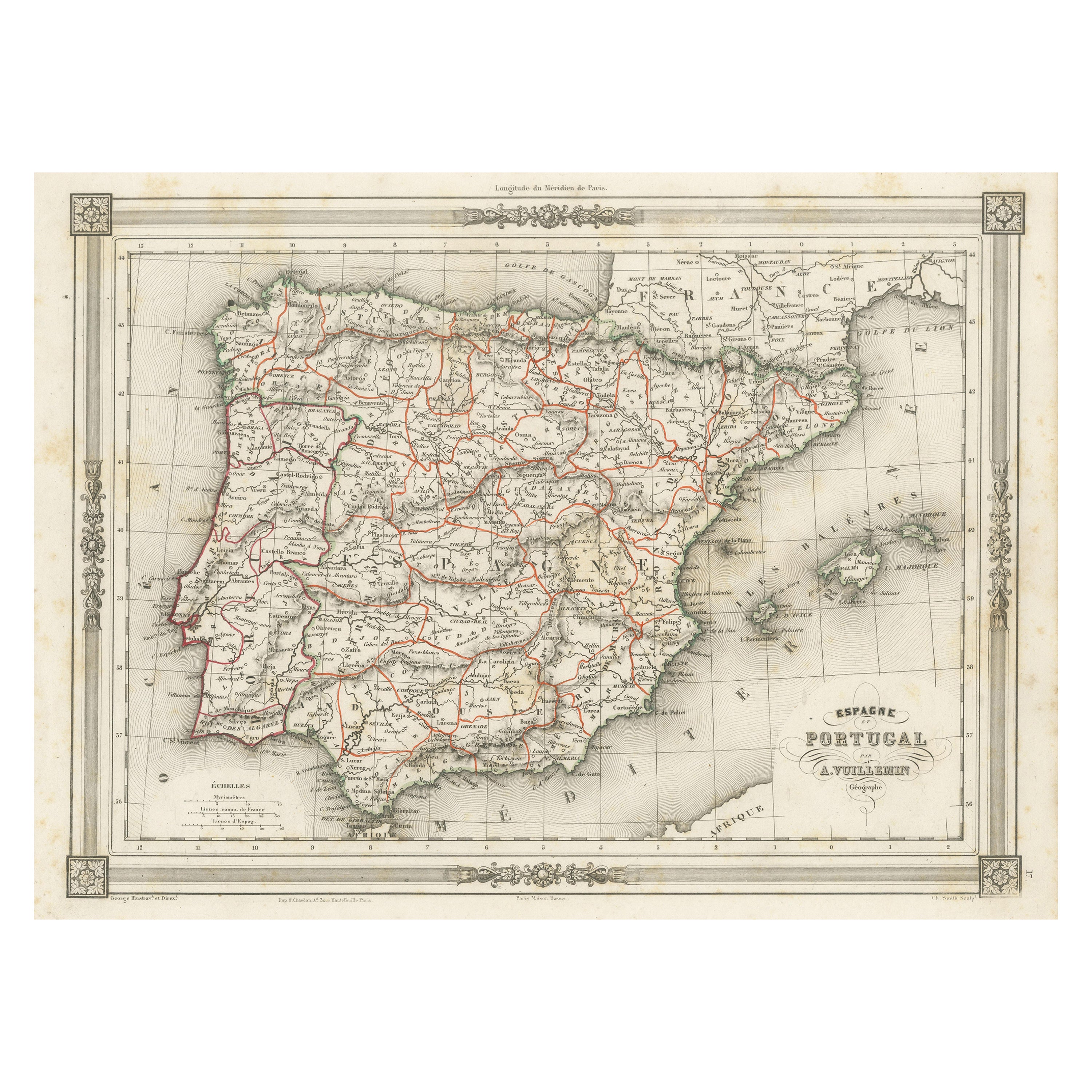 Carta geografica antica della Spagna e del Portogallo, con bordo in stile cornice