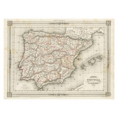 Carta geografica antica della Spagna e del Portogallo, con bordo in stile cornice