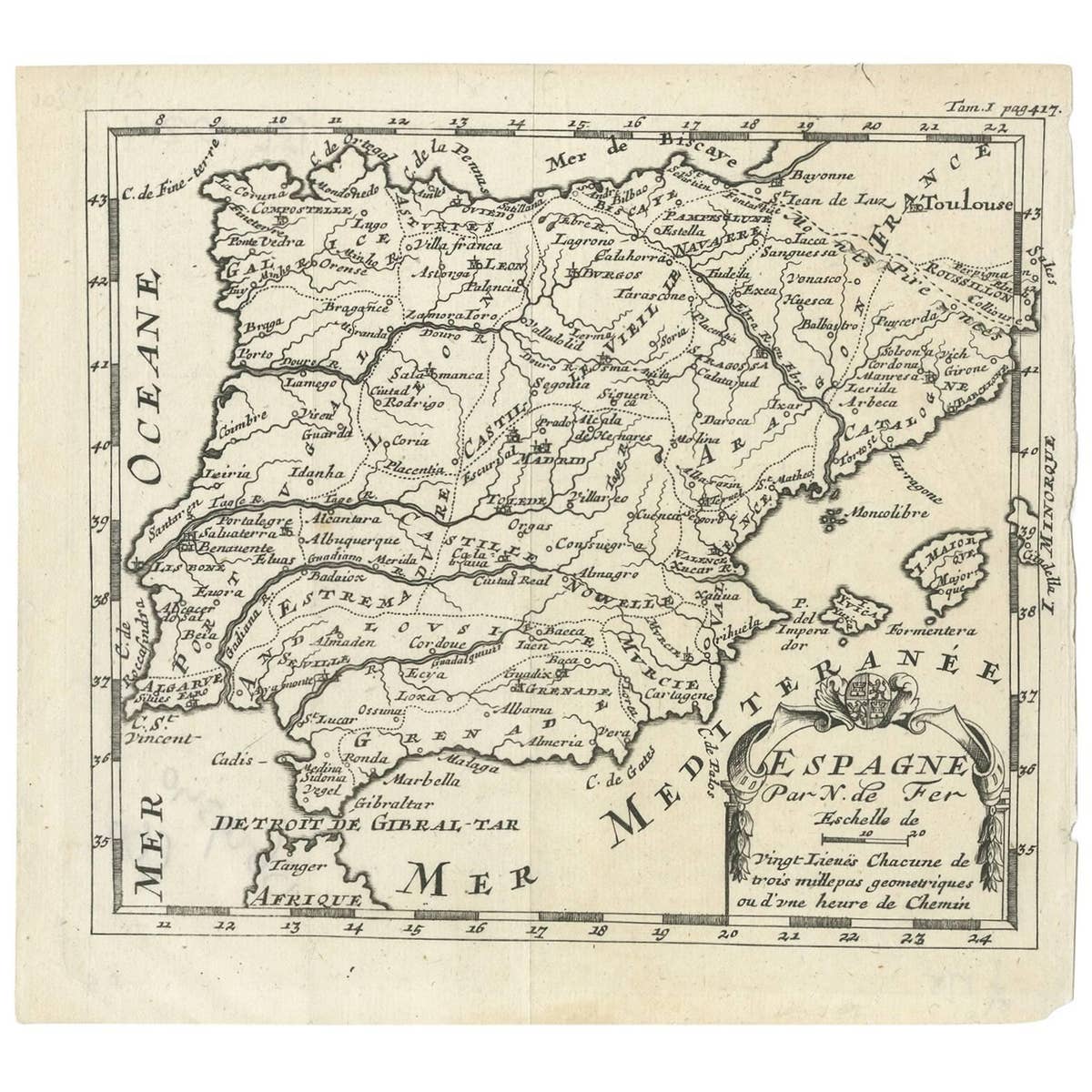 Antique 1700 Map of Spain by Nicolas de Fer, Early 18th Century