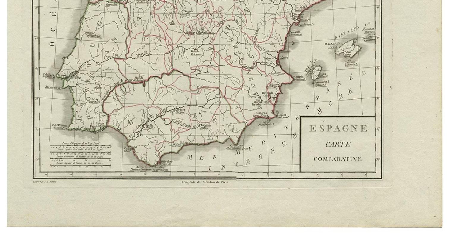 Antike Karte mit dem Titel 'Espagne carte comparative', zeigt Flusssysteme, die modernen Staaten Spanien und Portugal sowie die römischen Provinzen Lusitania, Beatica und Hispania Tarraconensis. Diese Karte stammt aus dem 