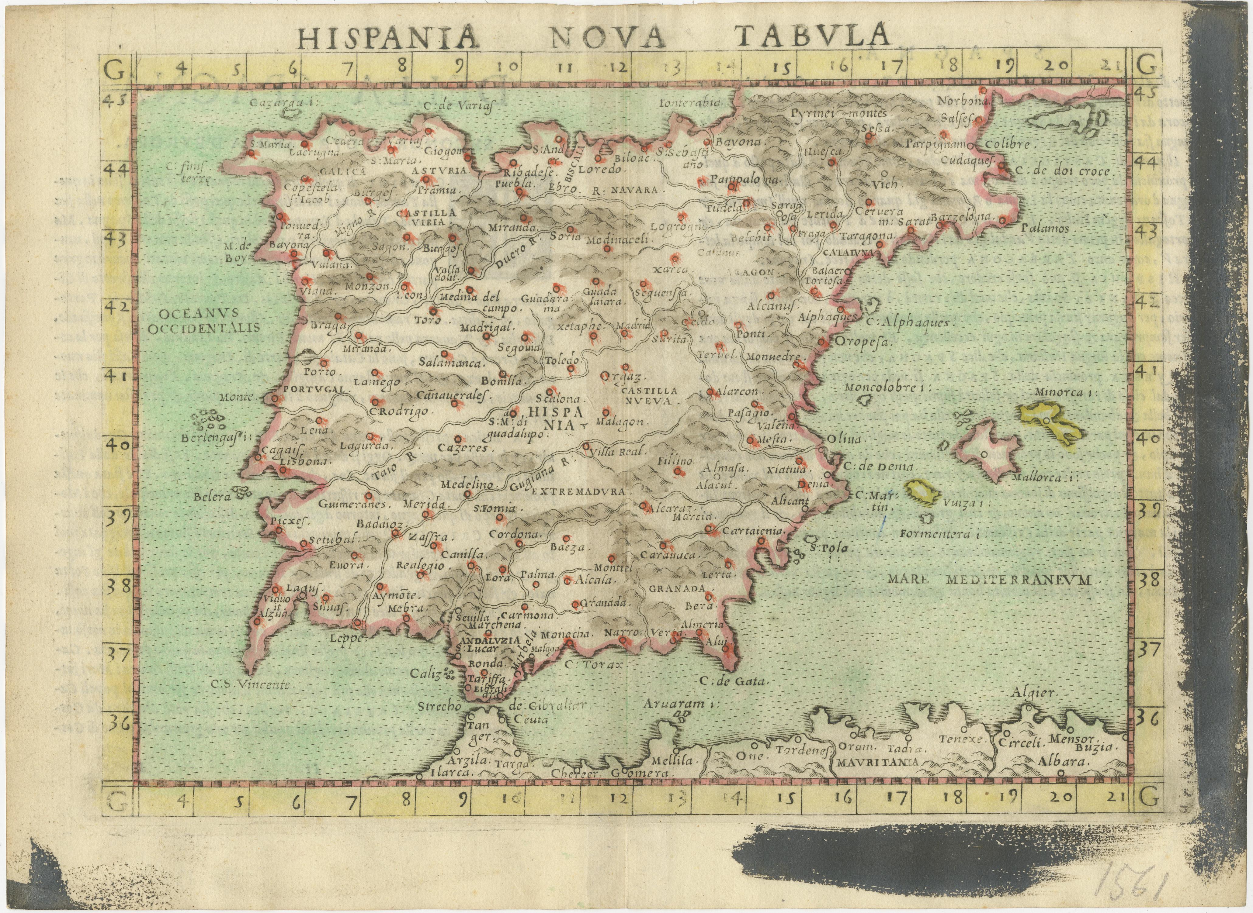 Antique map titled 'Hispania Nova Tabula'. Ruscelli's map of Spain, including the Balearic Islands. This map originates from 'Espositione & introduttioni universali di Gir. Ruscelli sopra tutta la Geografia di Tolomeo (..)' published by Girolamo