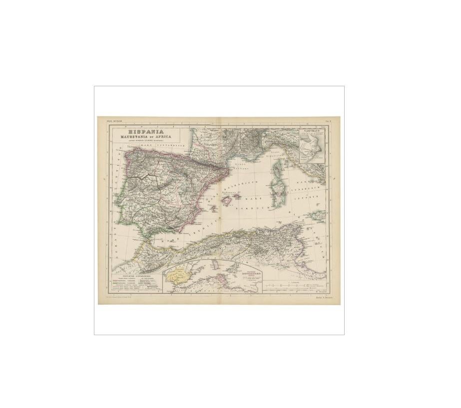Antique map titled 'Hispania, Mauretania et Africa'. This map originates from 'Atlas Antiquus. Zwölf Karten zur Alten Geschichte' by H. Kiepert. Published in Berlin, circa 1870.