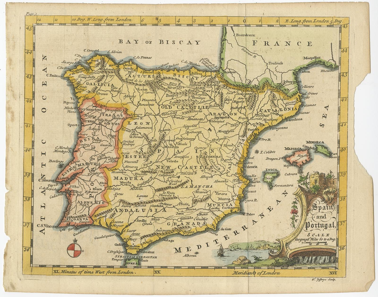 Antique map titled 'Spain and Portugal'. 

Small, detailed antique map of Spain and Portugal (Iberian Peninsula). Decorative title cartouche. 

Artists and Engravers: Thomas Jefferys (c.1719 - 1771), 