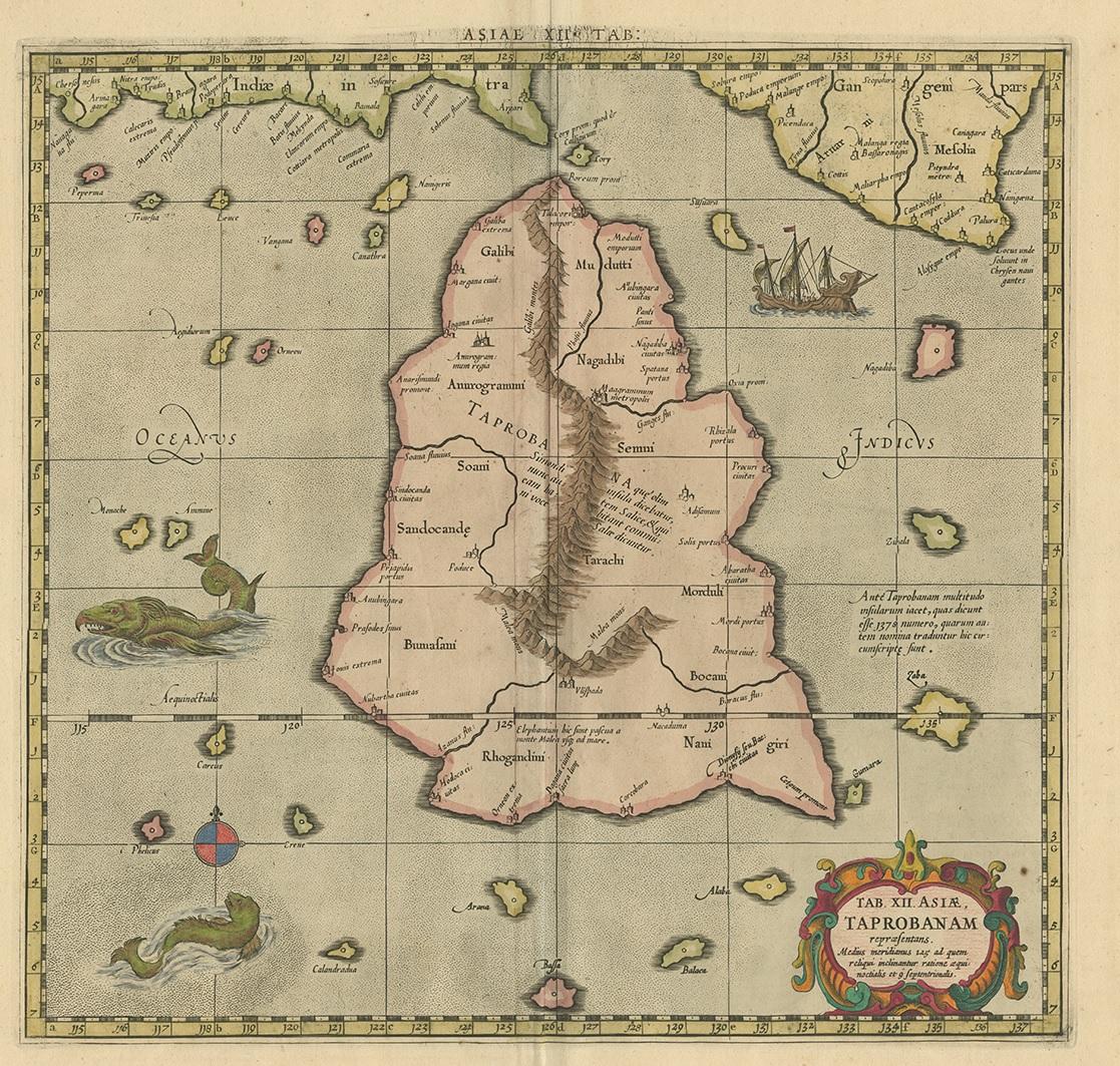 Antique map titled 'Tab XII Asiae Taprobanam'. Ptolemaic map of Taprobana (Sri Lanka). Ptolemy drew on the accounts of travelers and sailors and though the information was secondhand and often inaccurate it represented the most advanced account of