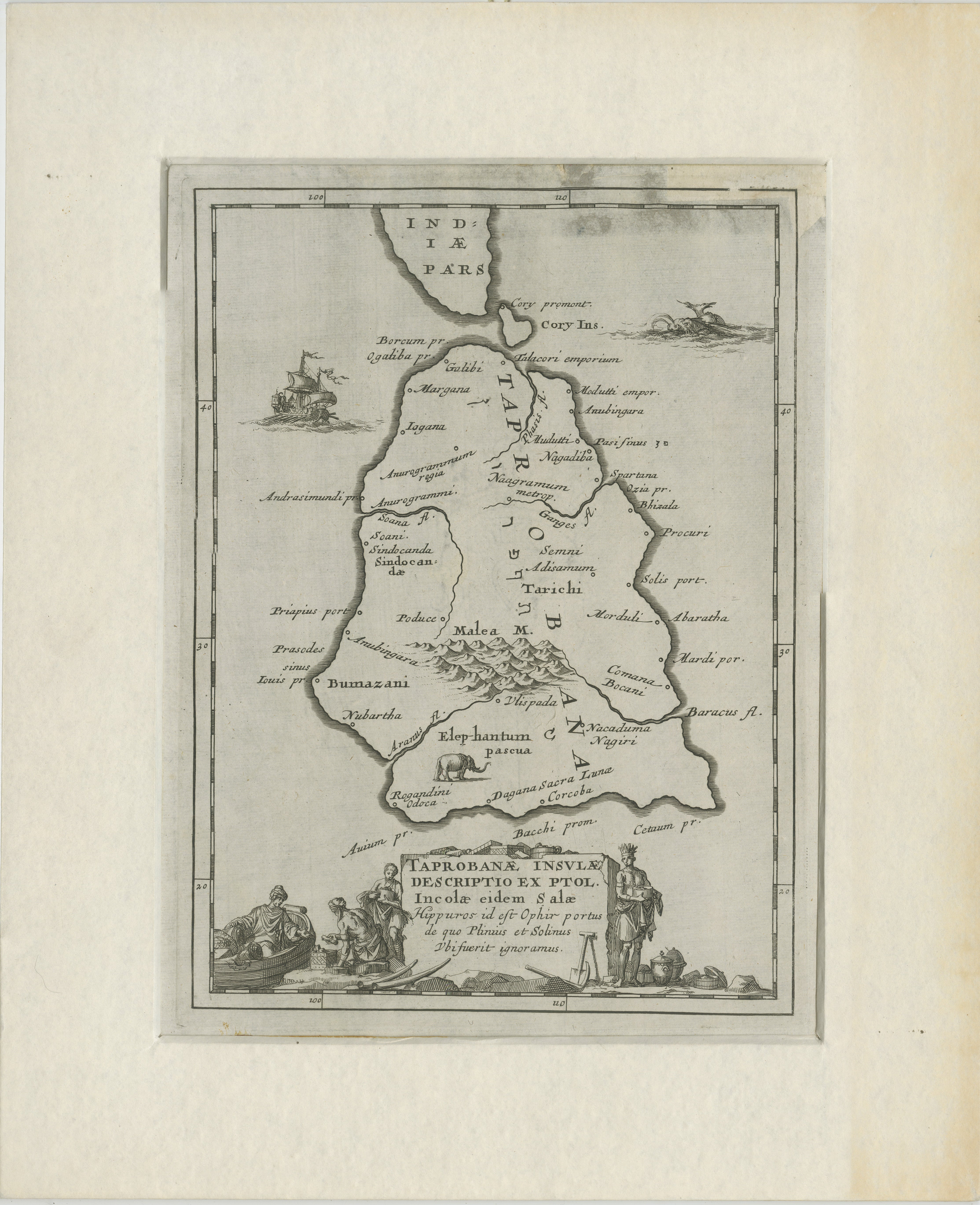 Taprobanae Insulae Descriptio ex Ptolemaeo – Antique Map of Sri Lanka by Mercator, c.1607

This fine original copperplate engraving, titled Taprobanae Insulae Descriptio ex Ptolemaeo, was created by Gerardus Mercator and published posthumously by