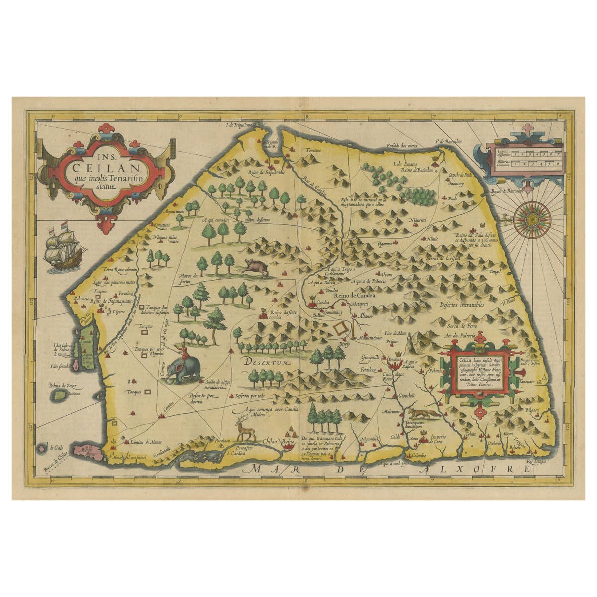 Antique Map of Sri Lanka with an unusual five-sided shape, circa 1606