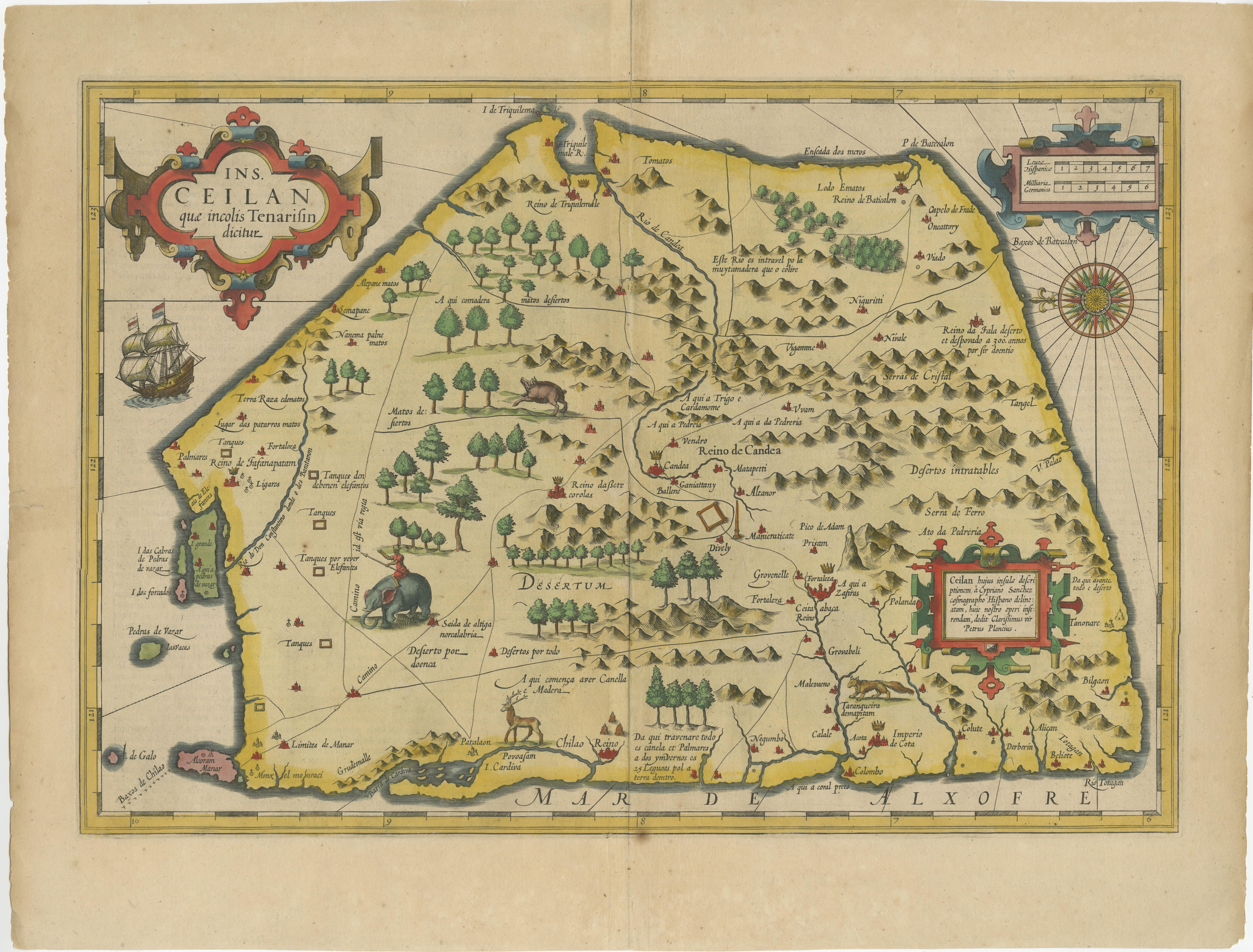 Antique map titled 'Ins. Ceilan quae incolis Tenarisin dicitur'. This exquisite, early map of Sri Lanka is shown with an unusual five-sided shape. North is oriented to the left by an elaborate compass rose. The map was beautifully engraved by Petrus