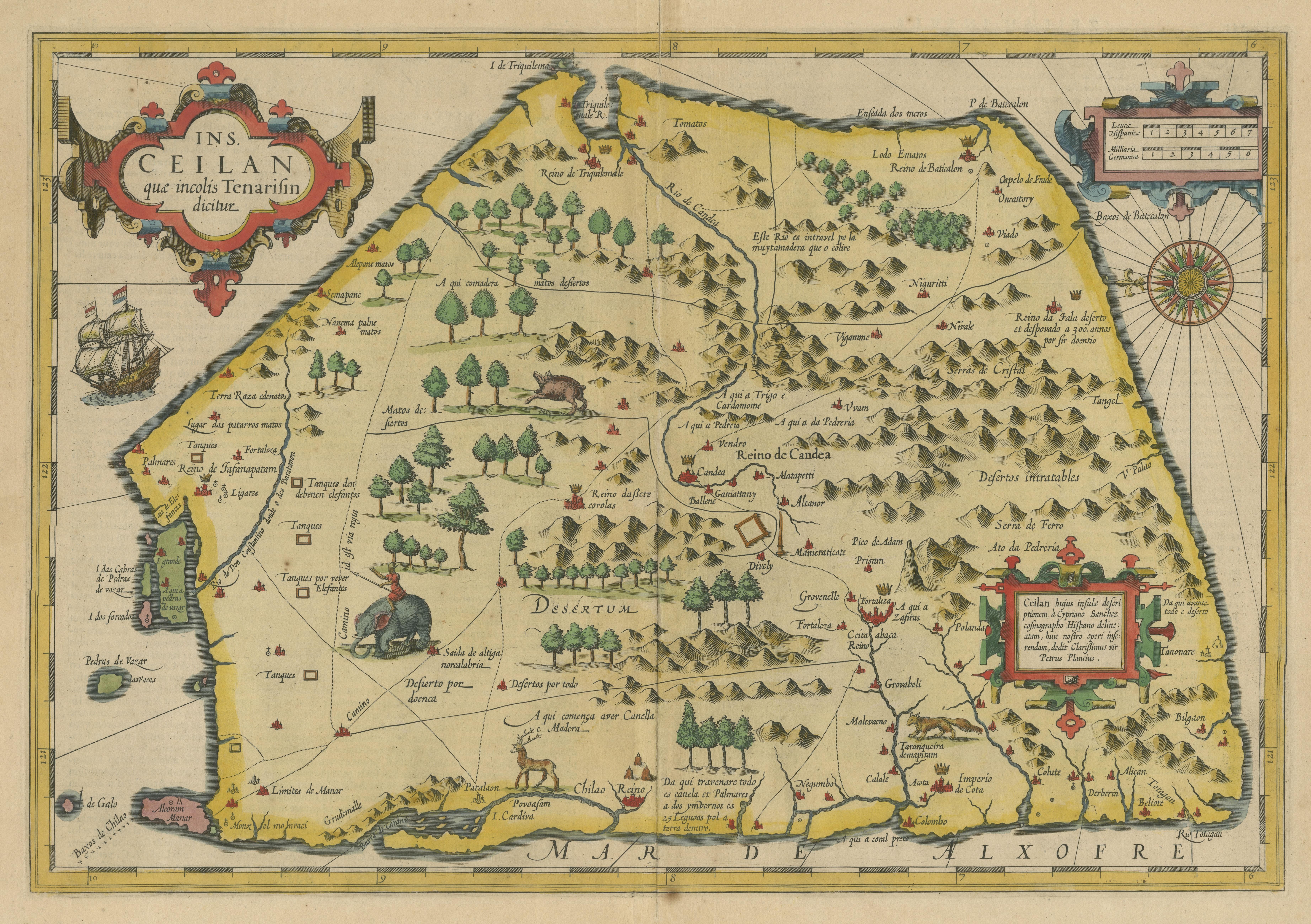 Carte ancienne du Sri Lanka à cinq côtés de forme inhabituelle État moyen - En vente à Langweer, NL