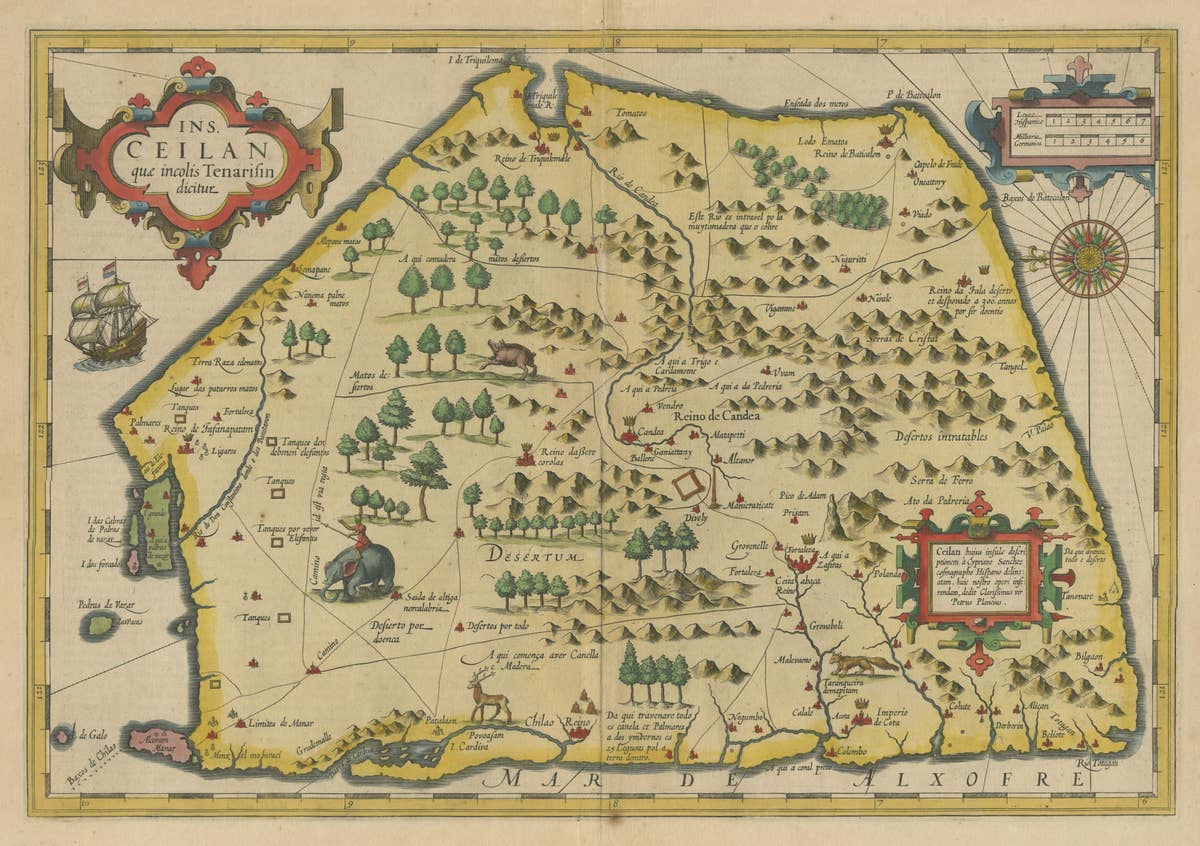 Antique Map of Sri Lanka with an unusual five-sided shape, circa 1606