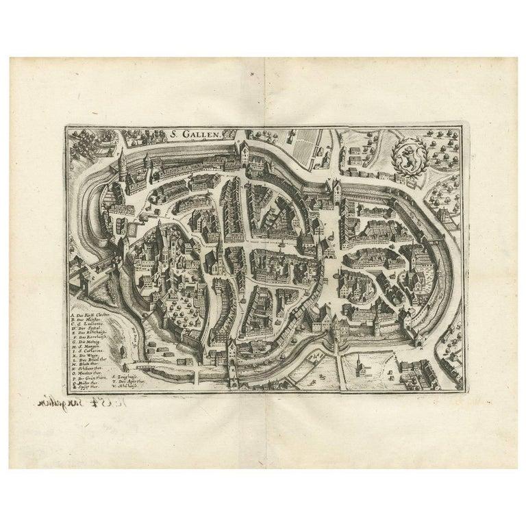 Antique map titled 'S. Gallen'. This map originates from Merian's 'Topographia Helvetiae (..)', published in Frankfurt, circa 1650.