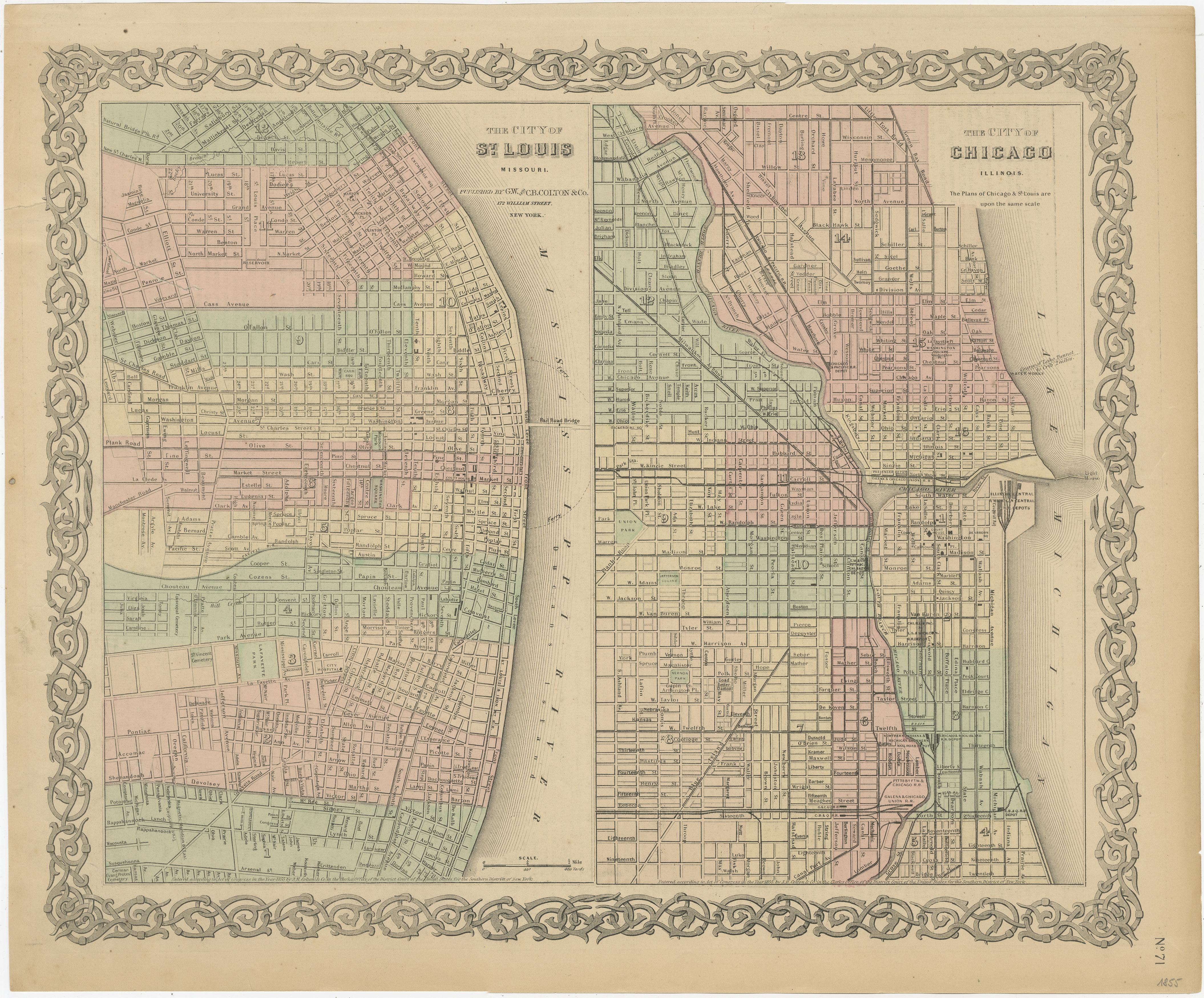 Antique map titled 'The City of St. Louis Missouri - The City of Chicago Illinois'. Dual map on single page showing St. Louis and Chicago. Finely produced lithograph that was hand colored at the time of publication. This map originates from