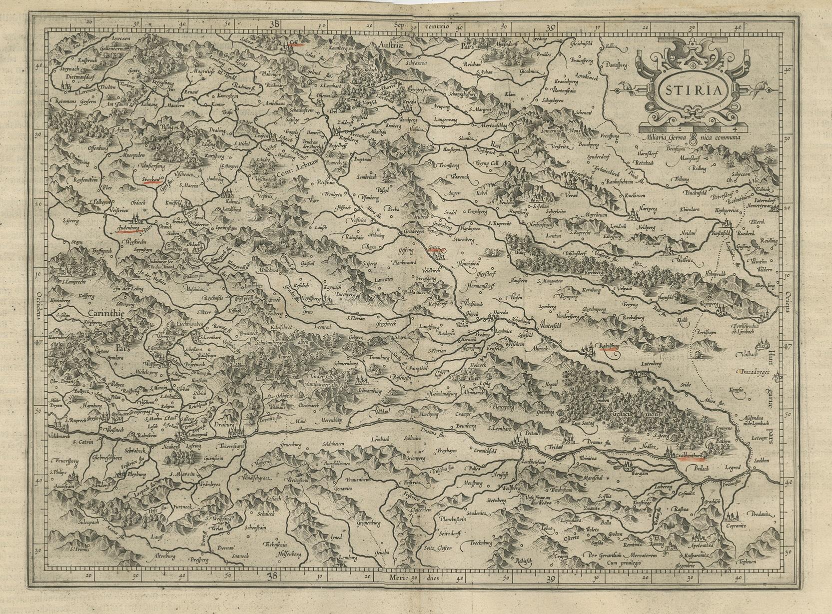 Antique map titled 'Stiria'. Original antique map of Styria, Austria. Published by G. Mercator, circa 1650.