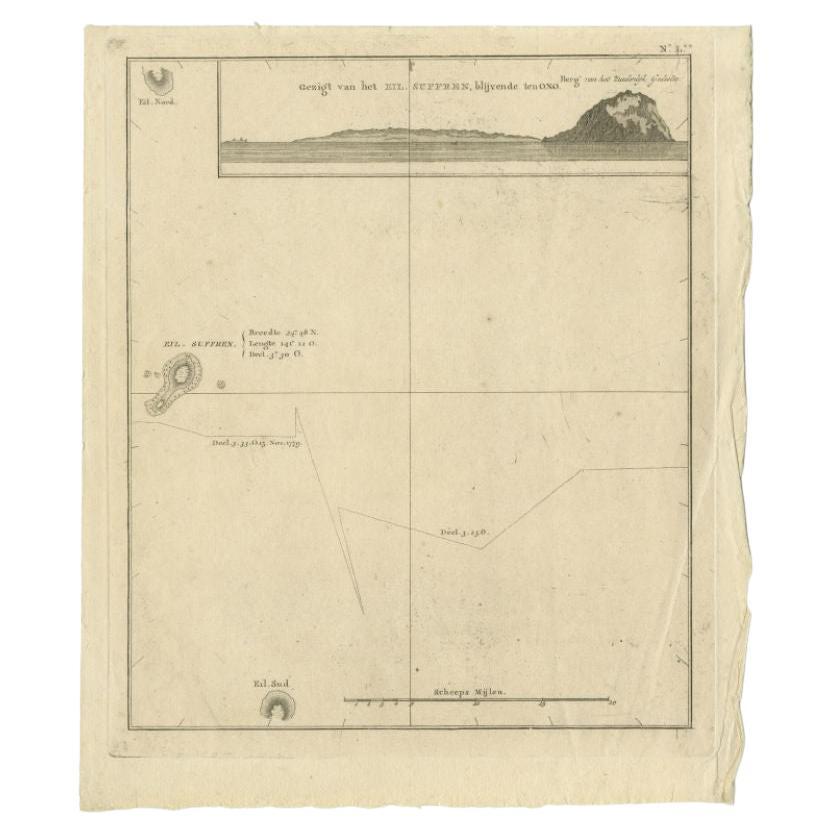 Antique map Australia titled 'Gezigt van het Eil. Suffren'. Antique map of Suffren Island. Originates from 'Reizen Rondom de Waereld door James Cook (..)'. Artists and Engravers: Translated by J.D. Pasteur. Published by Honkoop, Allart en Van