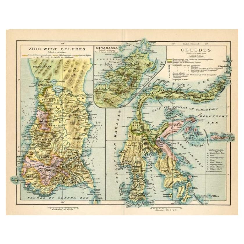 Antique Map of Sulawesi by Winkler Prins, c.1900 For Sale