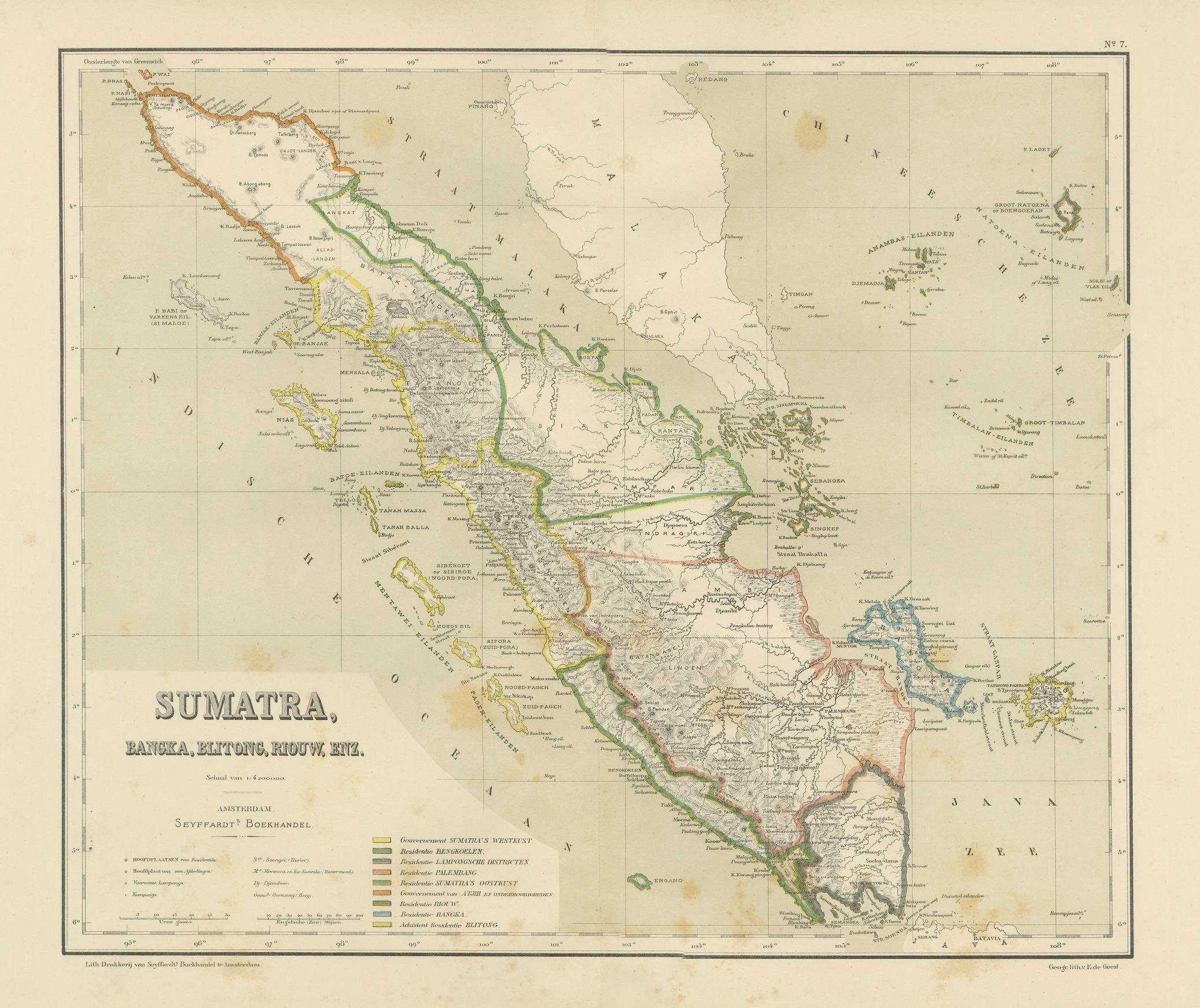 Antique Map of Sumatra, Bangka Belitung and Riau in the Dutch East Indies, 1884