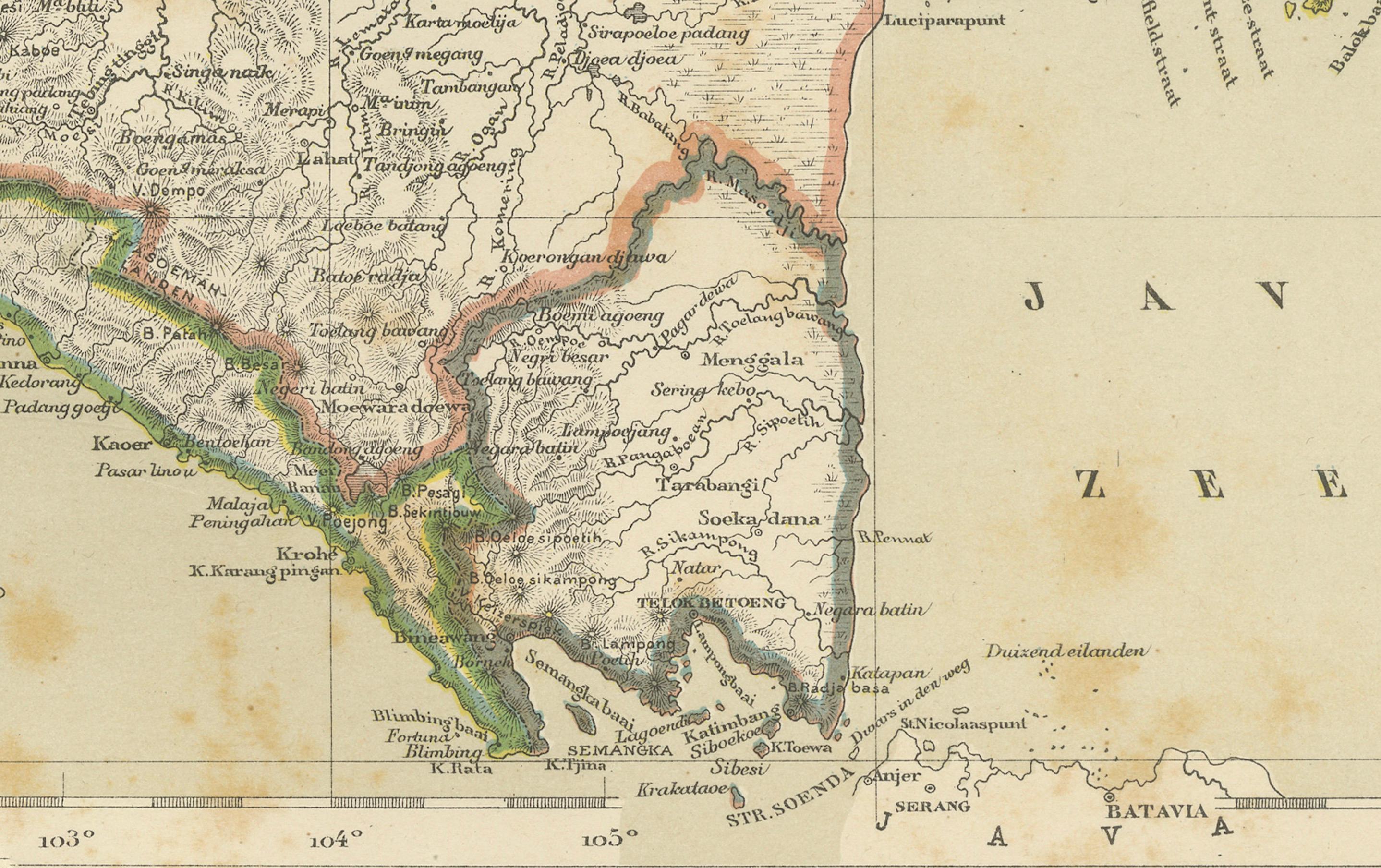 Antique Map of Sumatra, Bangka Belitung and Riau in the Dutch East Indies, 1884