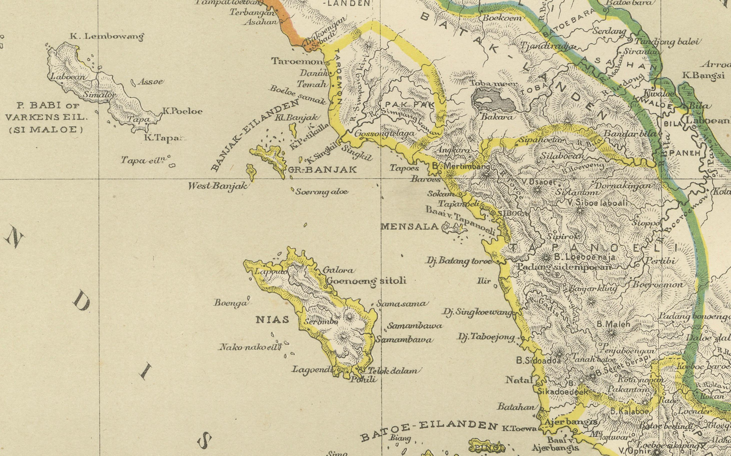 Antique Map of Sumatra, Bangka Belitung and Riau in the Dutch East Indies, 1884