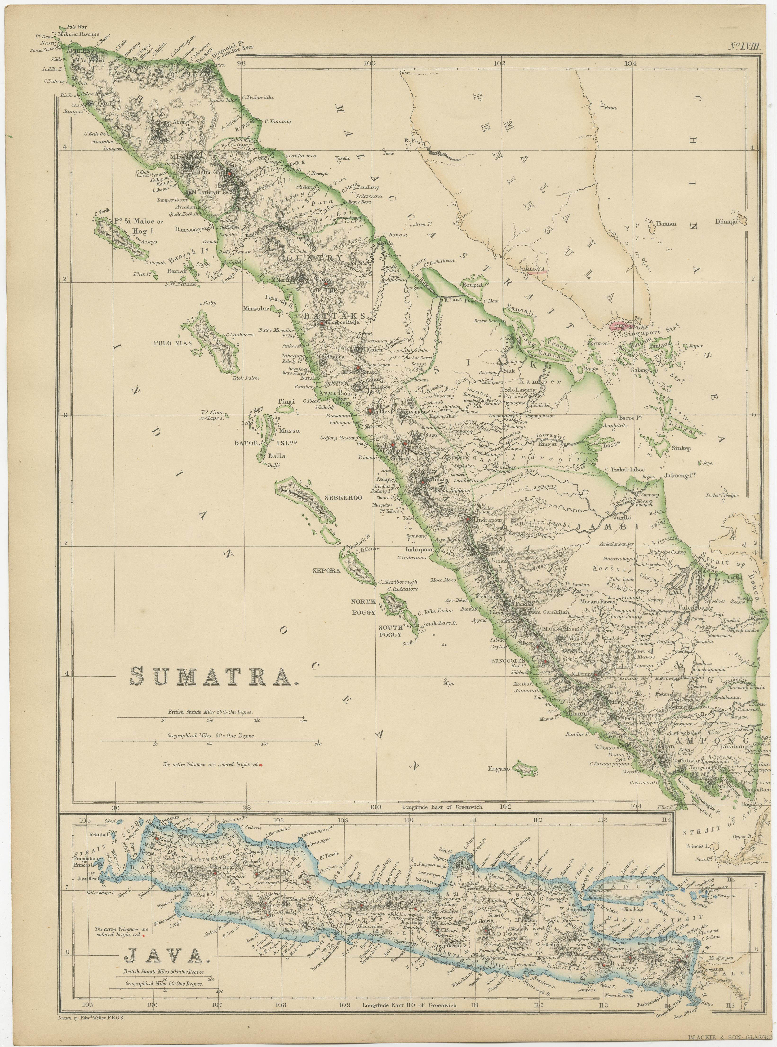 Antique map titled 'Sumatra'. Original antique map of Sumatra with inset map of Java. This map originates from ‘The Imperial Atlas of Modern Geography’. Published by W. G. Blackie, 1859.