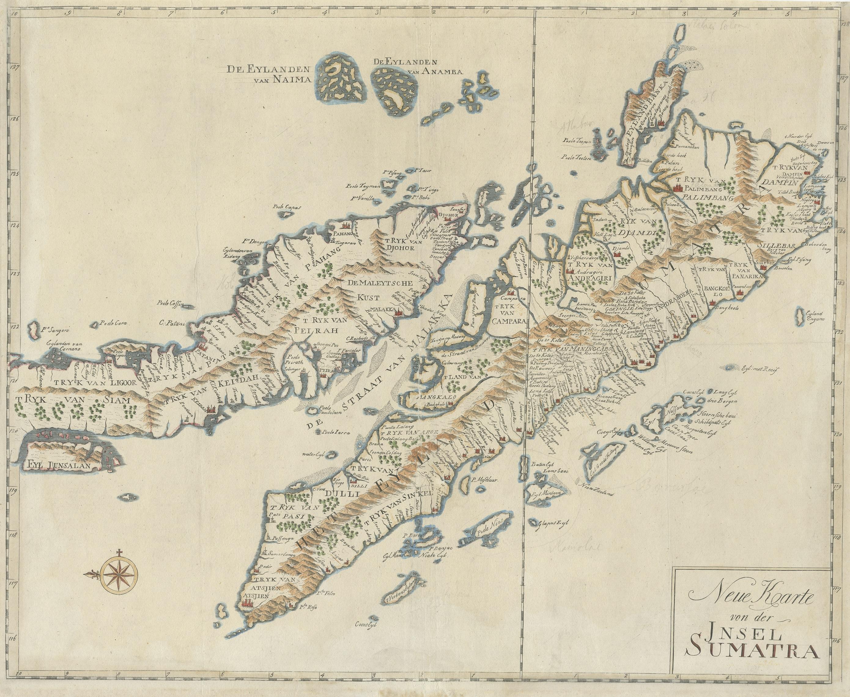 Antique map titled 'Neue Karte von der Insel Sumatra'. Extremely rare map of Sumatra, Indonesia. Published circa 1780.
