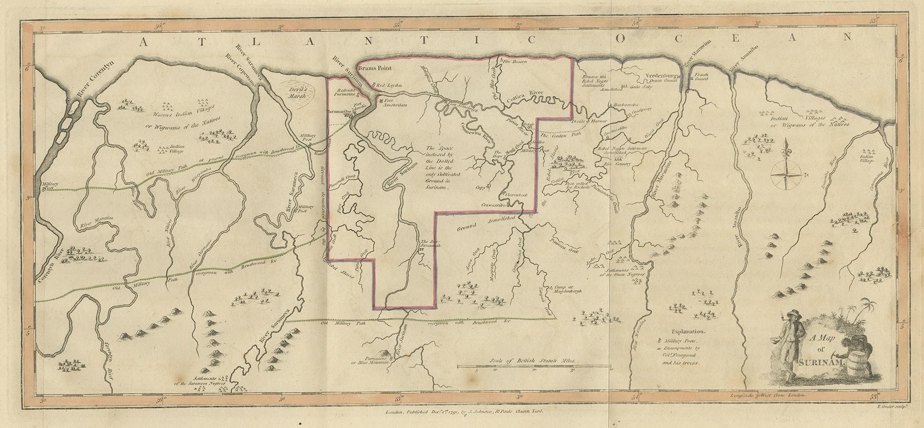 Antique map titled 'A Map of Surinam'. Original antique map of Surinam, showing Dutch settlements, military posts, rebel Maroon camps and native villages. This map originates from 'Narrative of a five years' expedition against the revolted negroes