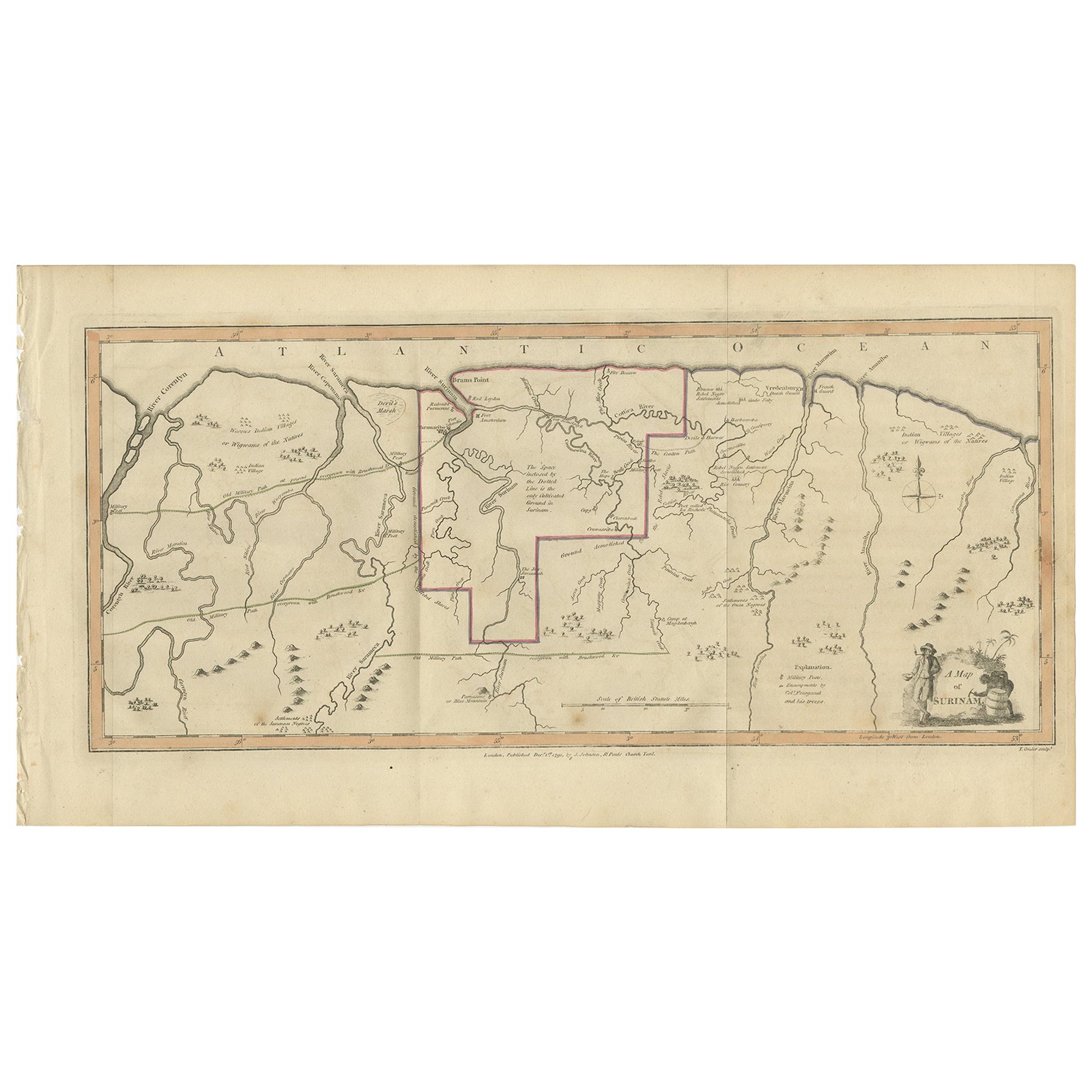 Antique Map of Surinam by Stedman '1813' For Sale
