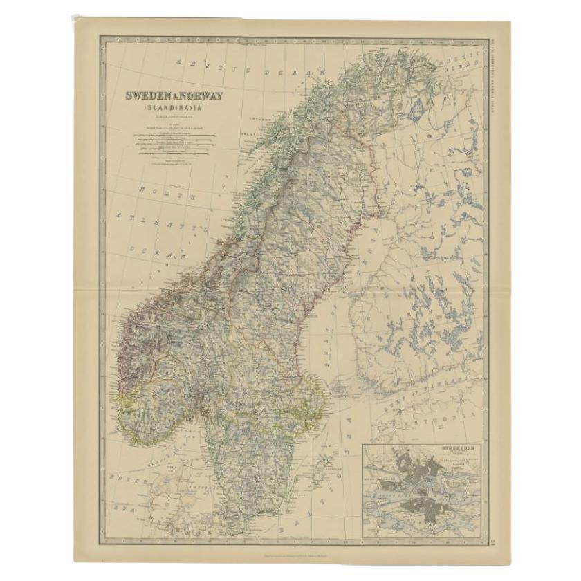 Carta geografica antica della Svezia e della Norvegia di Johnston, 1882 in vendita
