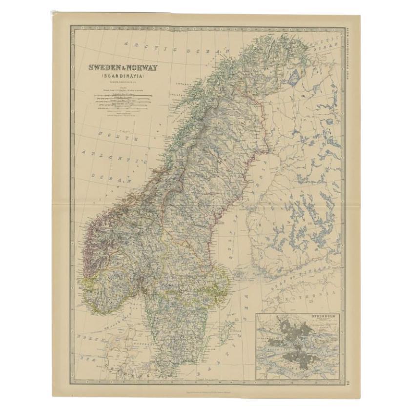 Antique Map of Sweden and Norway by Johnston, 1882 For Sale