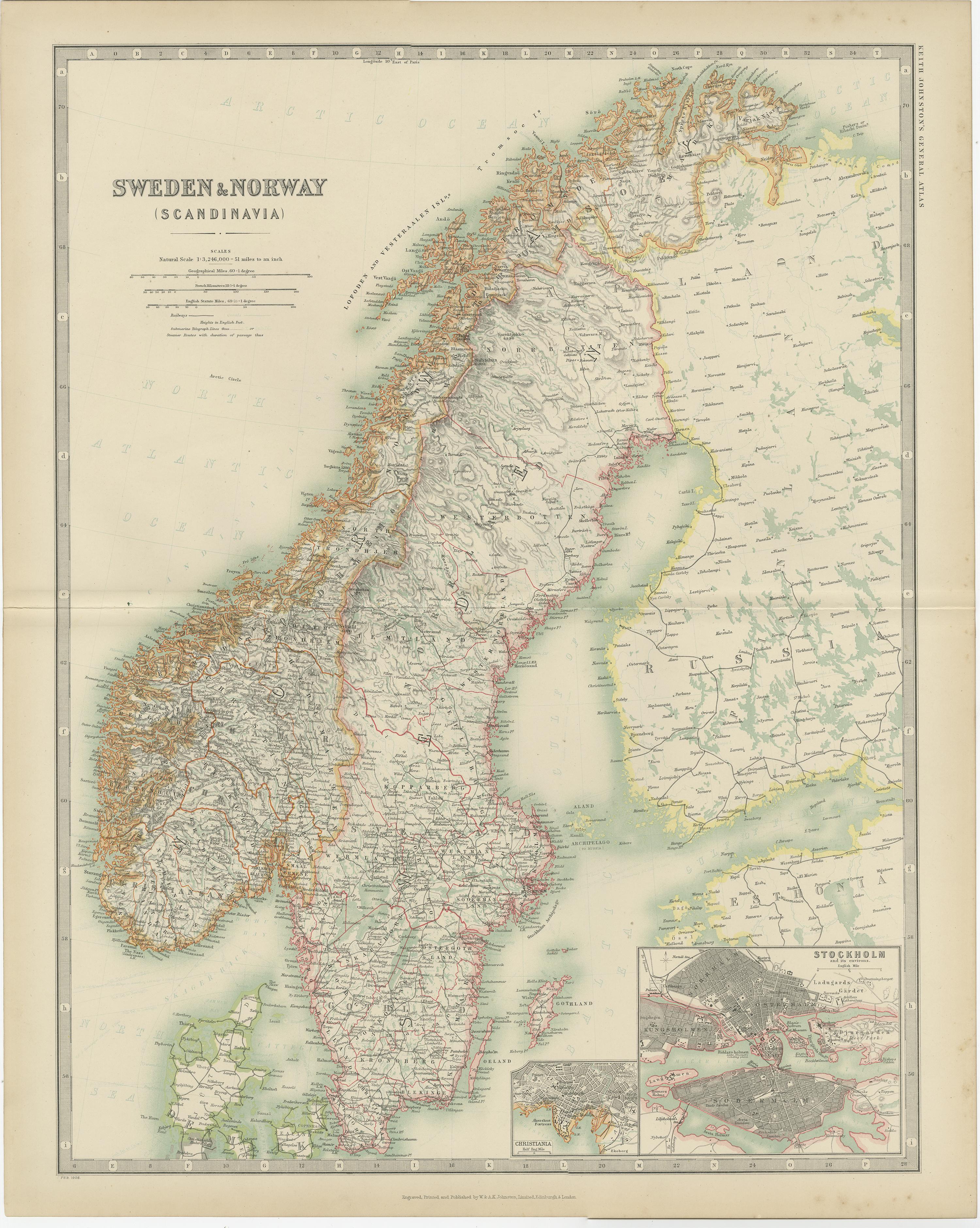 Antique map titled 'Sweden and Norway'. Original antique map of Sweden and Norway. With inset maps of Christiania and Stockholm. This map originates from the ‘Royal Atlas of Modern Geography’. Published by W. & A.K. Johnston, 1909.