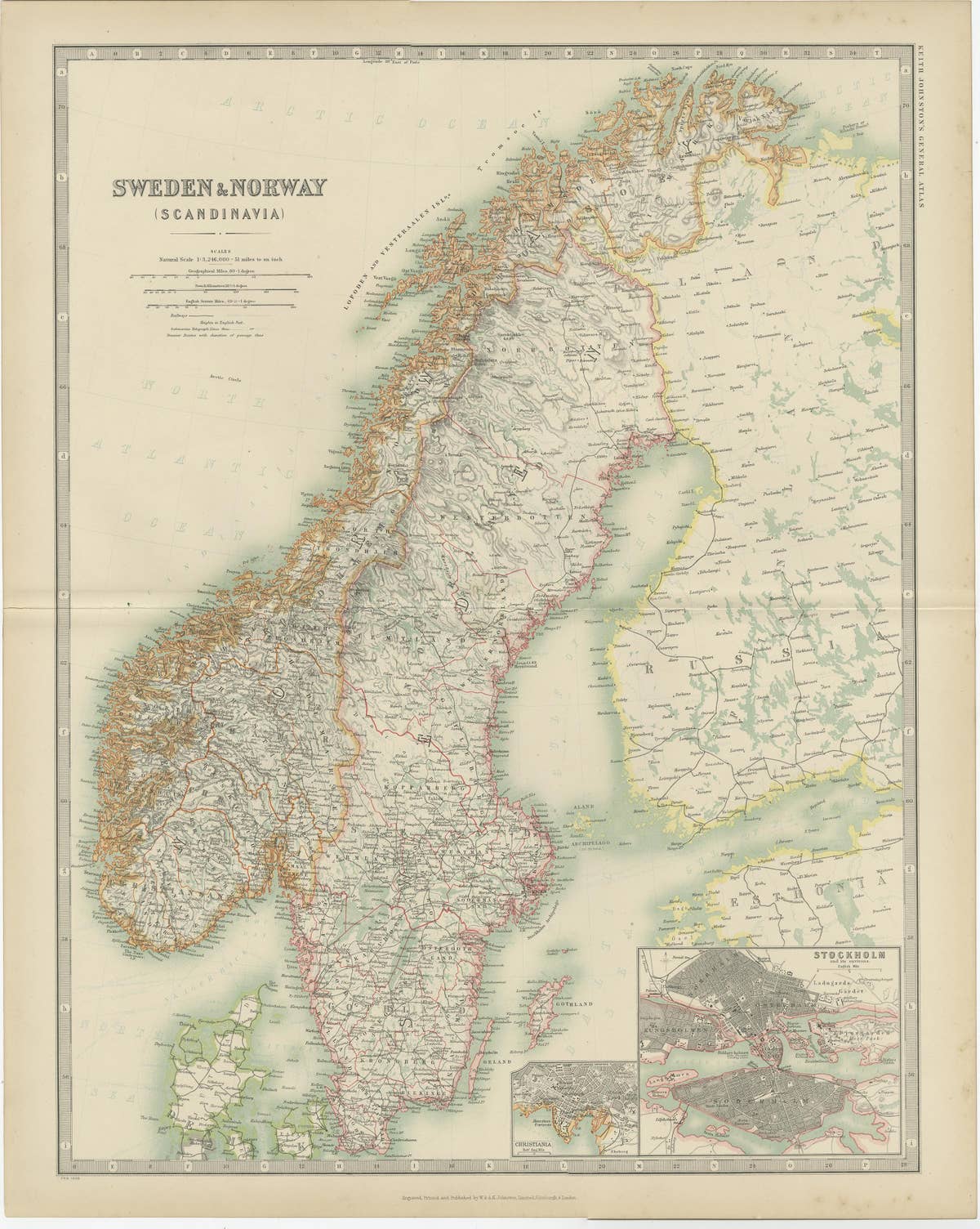 Antique Map of Sweden and Norway by Johnston (1909)