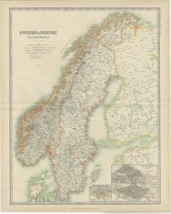 Antique Map of Sweden and Norway by Johnston (1909)