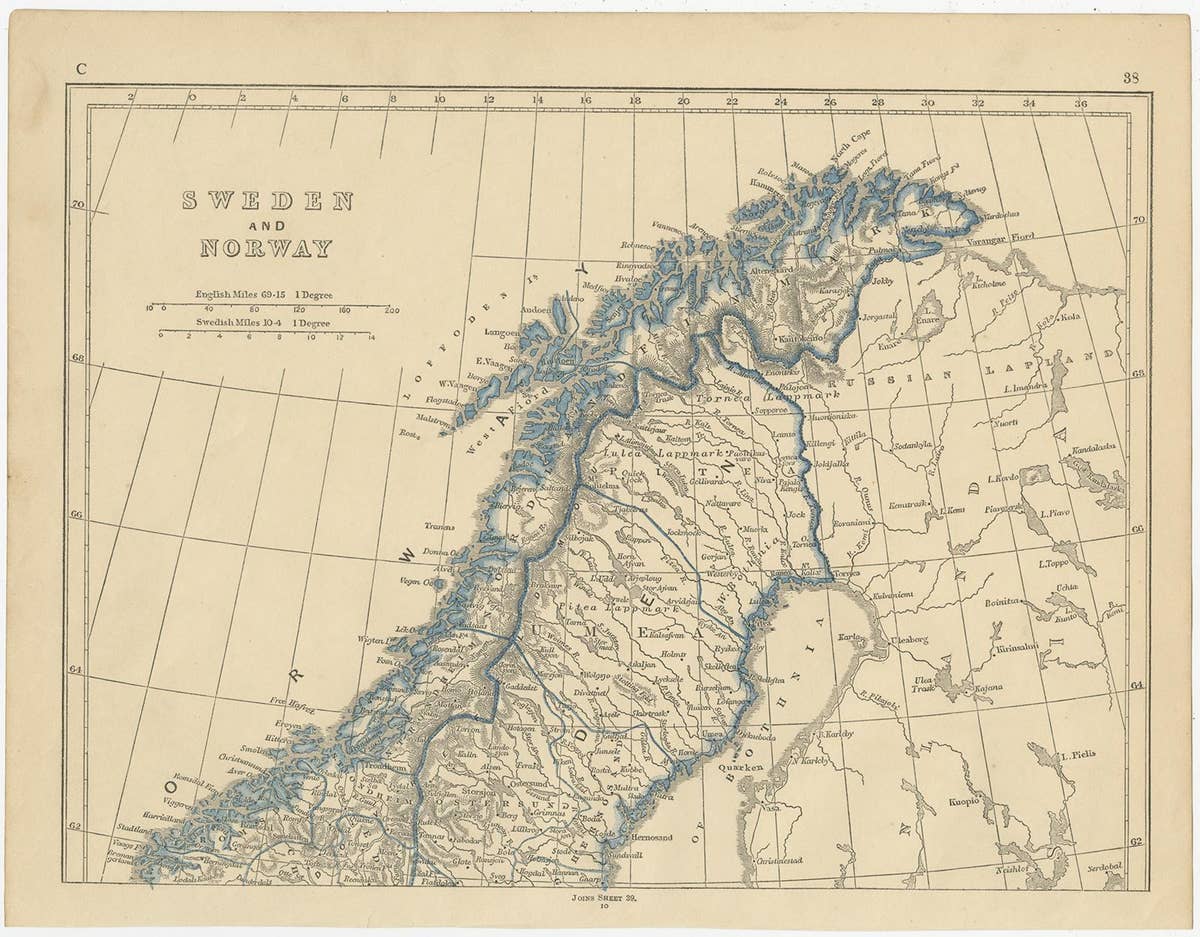 Antique Map of Sweden and Norway by Lowry, '1852'