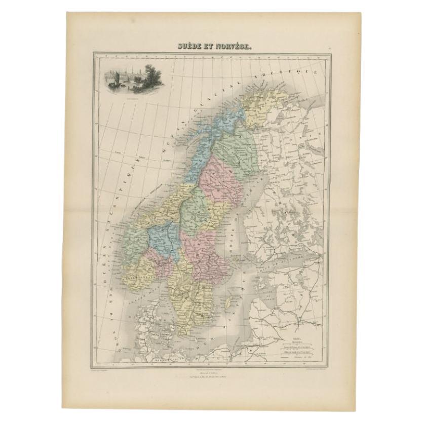 Antique Map of Sweden and Norway by Migeon, 1880 For Sale