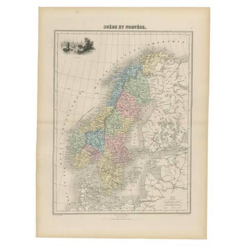 Antique Map of Sweden and Norway by Migeon, 1880